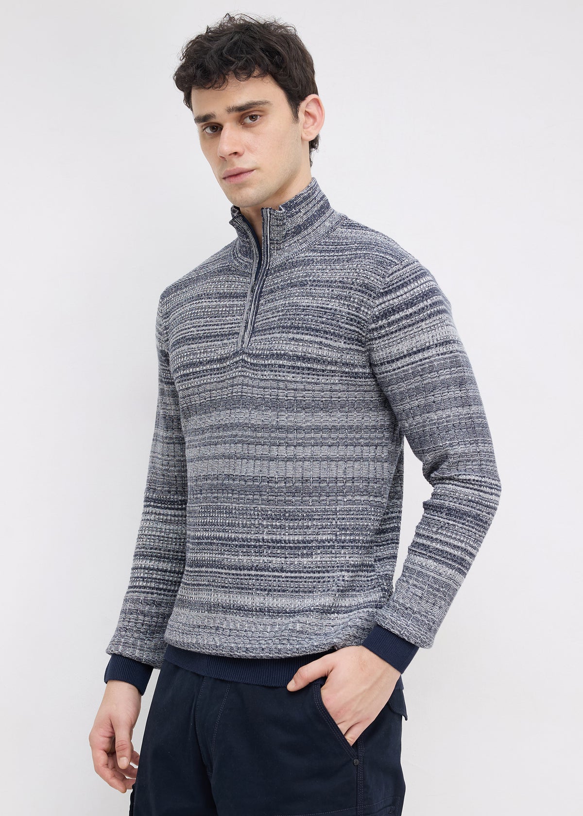 Kesron Textured Quarter-Zip Sweater: Navy