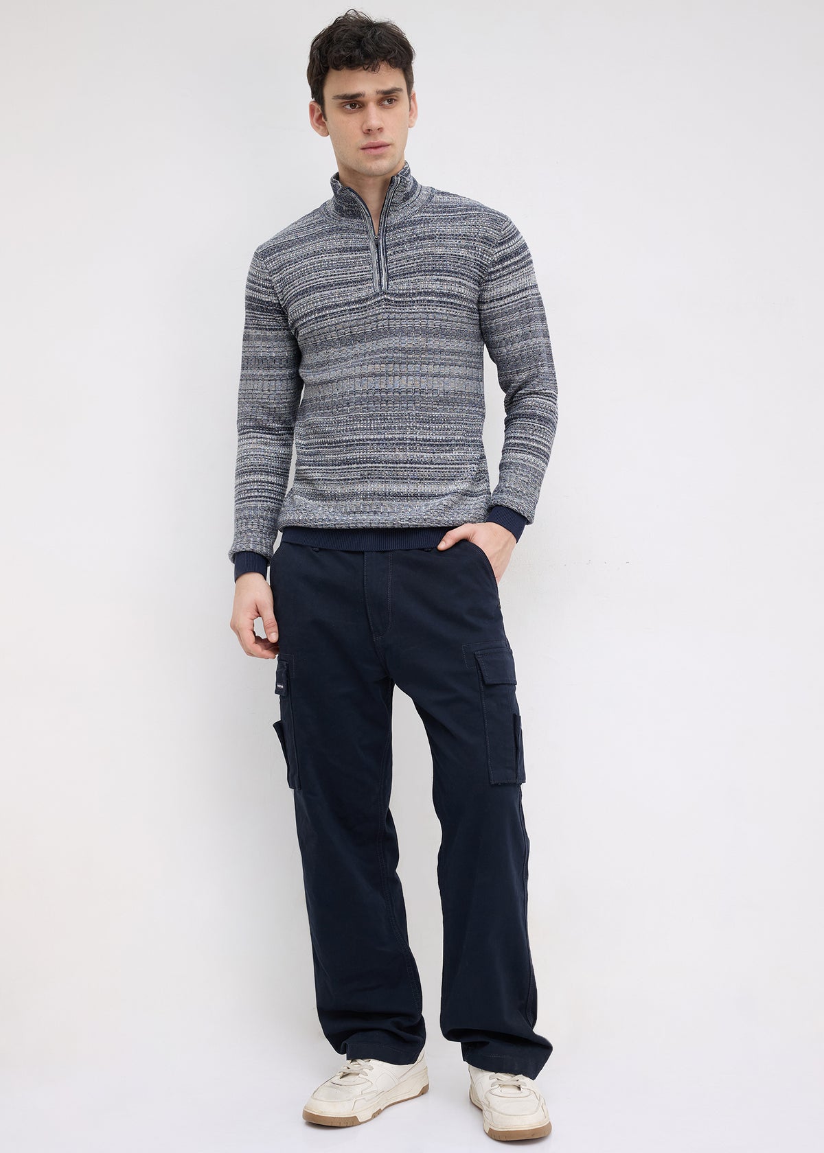 Kesron Textured Quarter-Zip Sweater: Navy