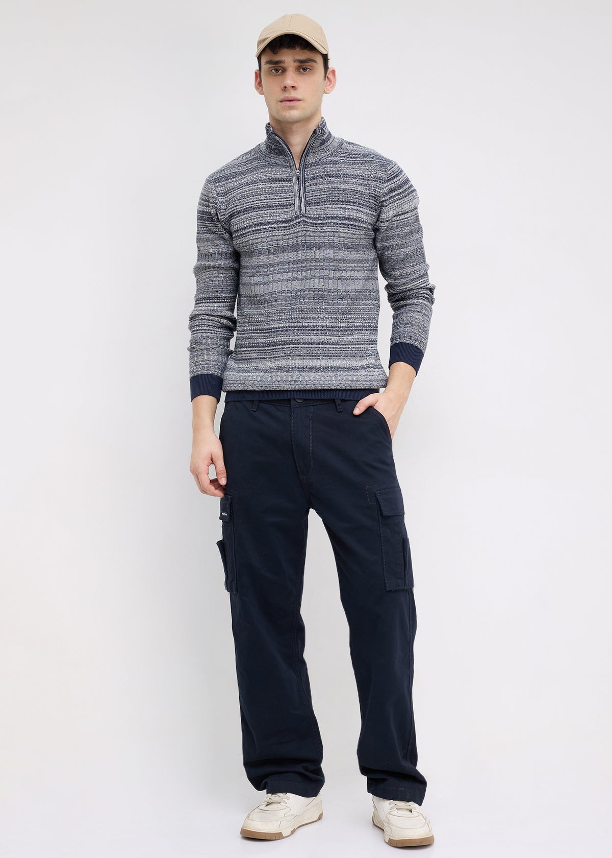 Kesron Textured Quarter-Zip Sweater: Navy