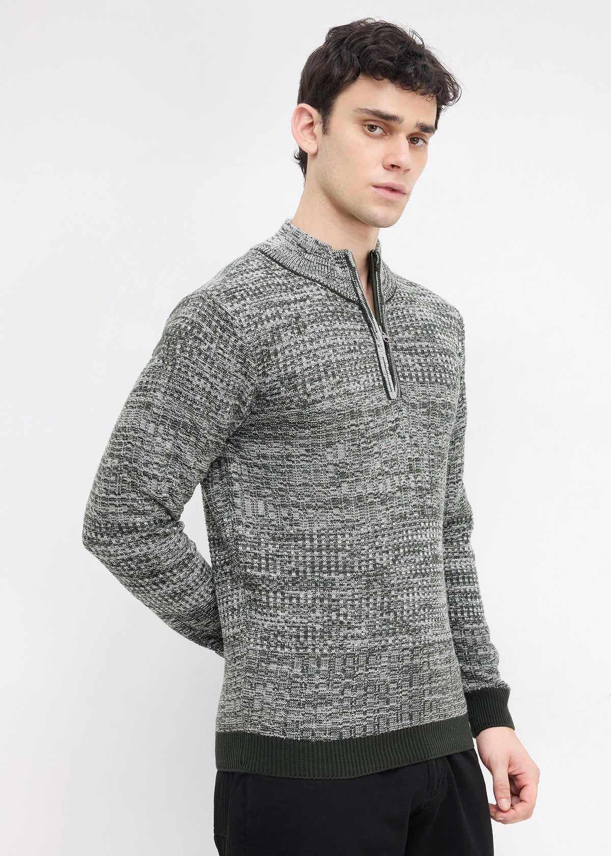 Kesron Textured Quarter-Zip Sweater: Olive