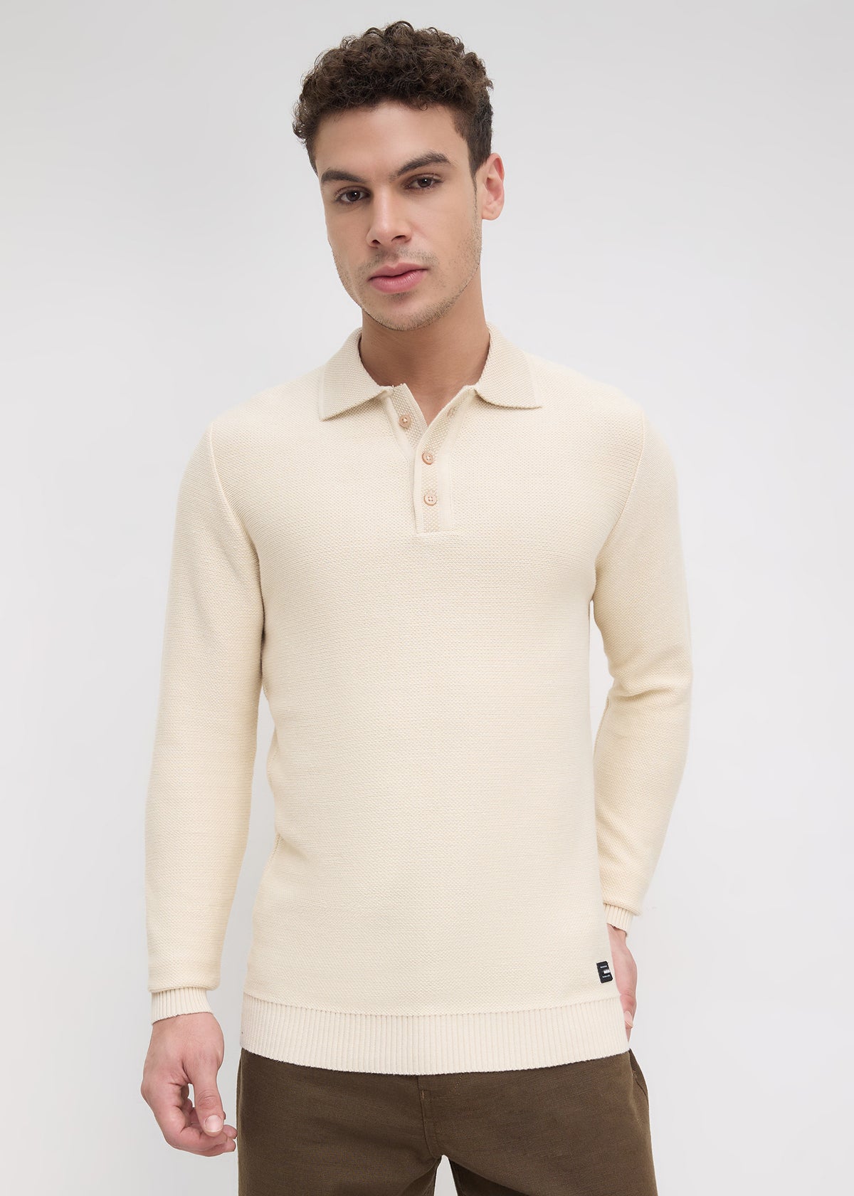 Outcome Textured Long-Sleeve Polo Sweater: Beige