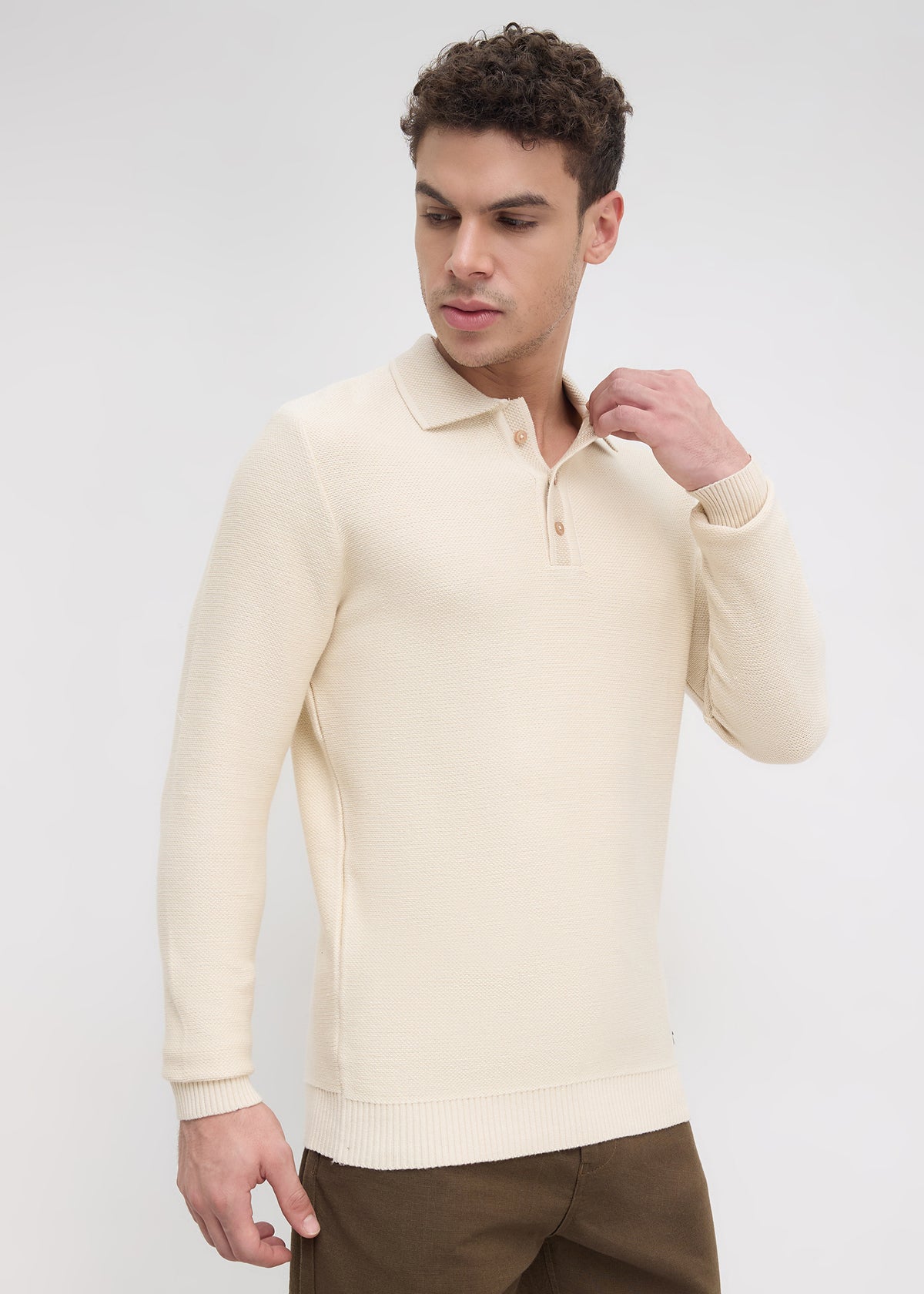 Outcome Textured Long-Sleeve Polo Sweater: Beige