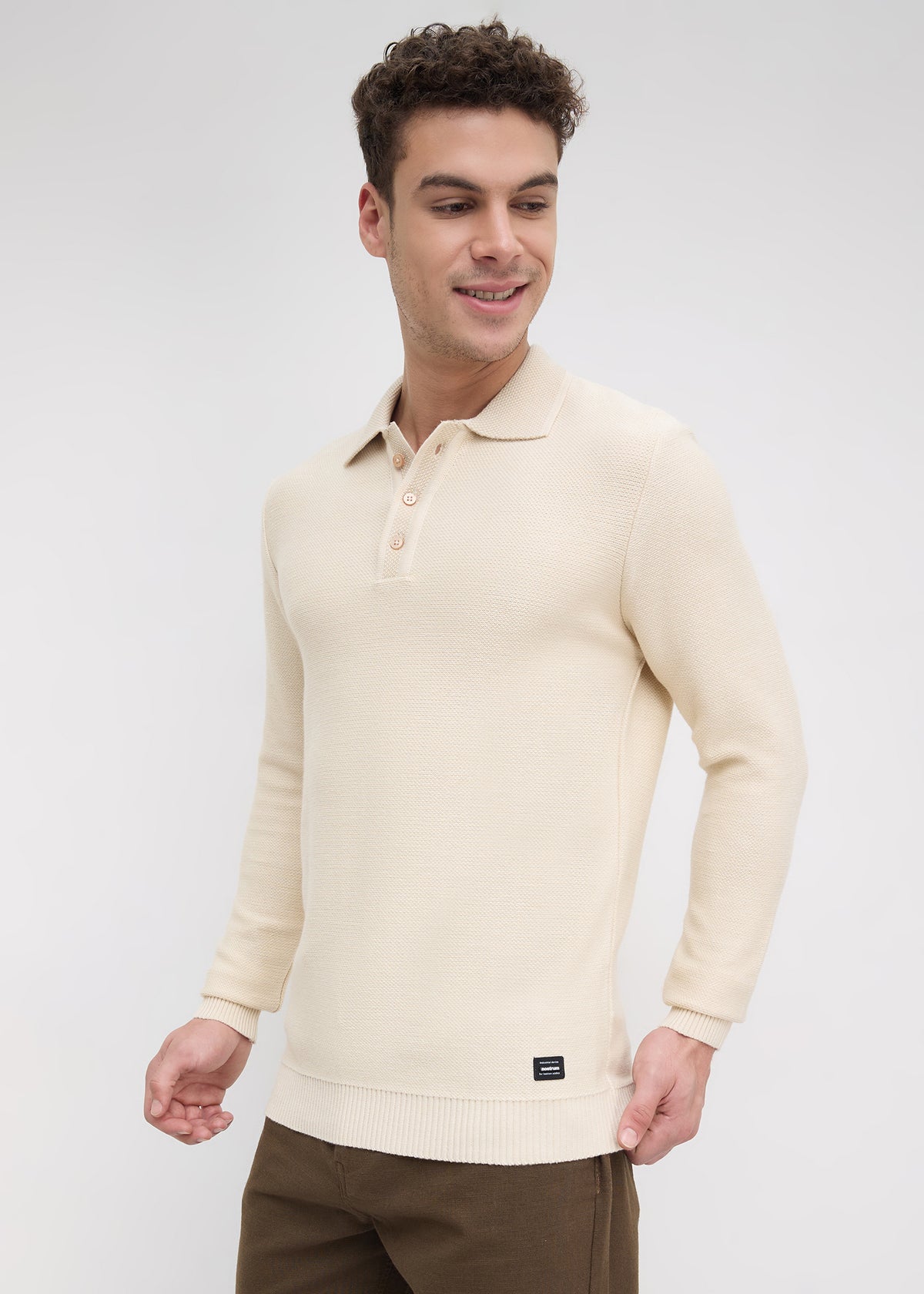 Outcome Textured Long-Sleeve Polo Sweater: Beige