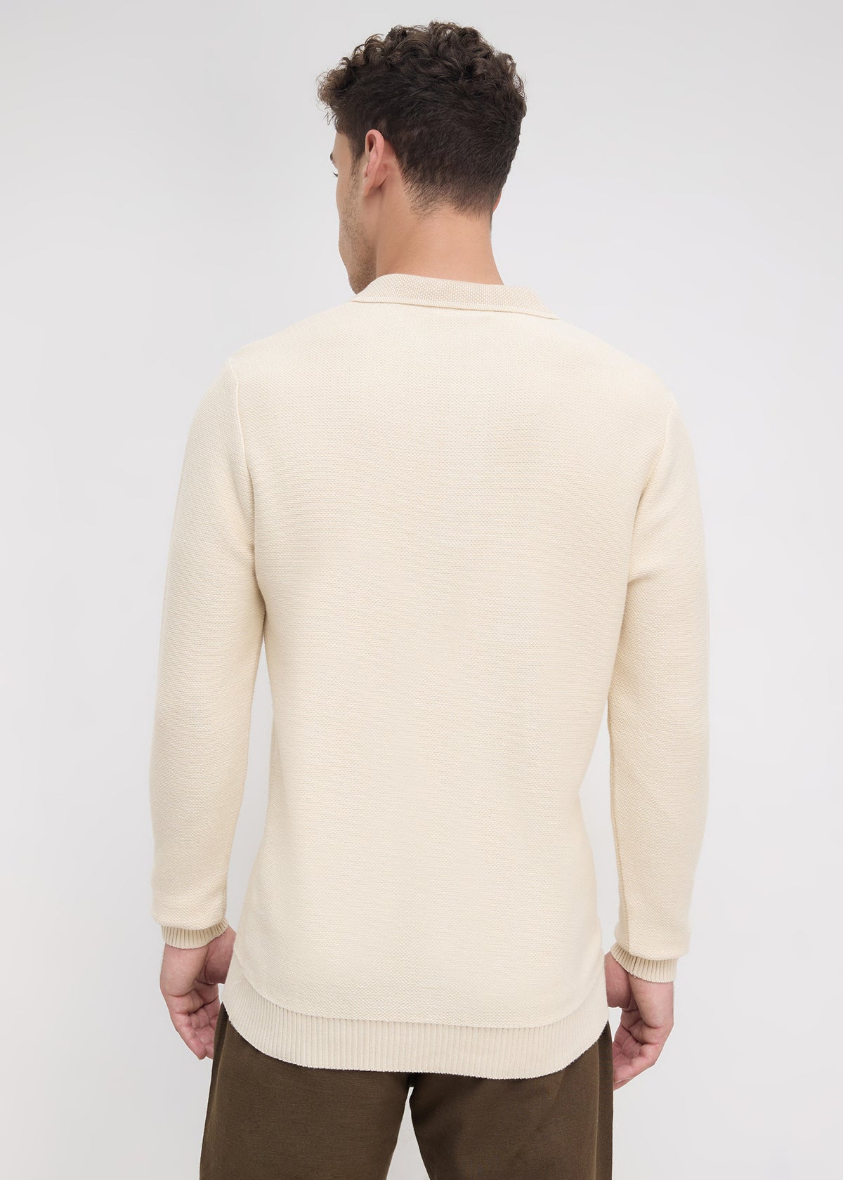 Outcome Textured Long-Sleeve Polo Sweater: Beige