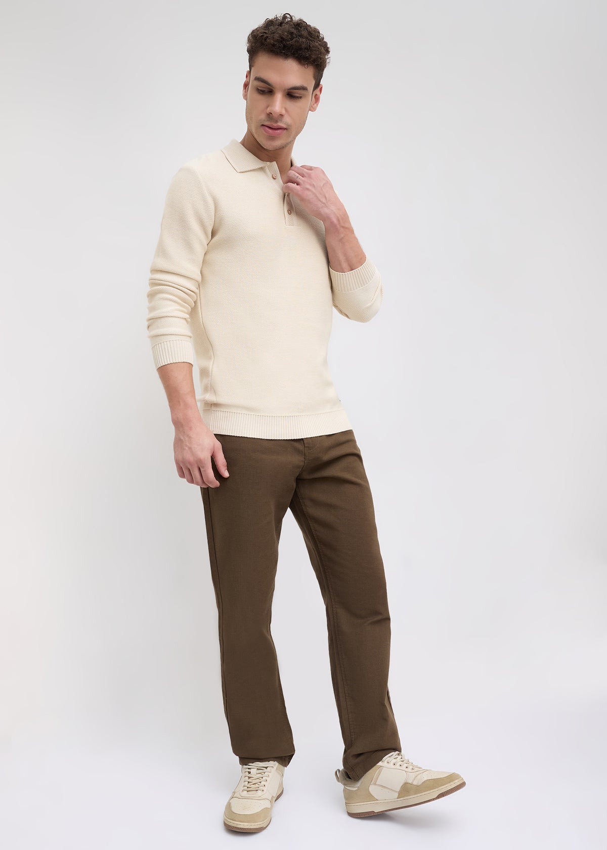 Outcome Textured Long-Sleeve Polo Sweater: Beige