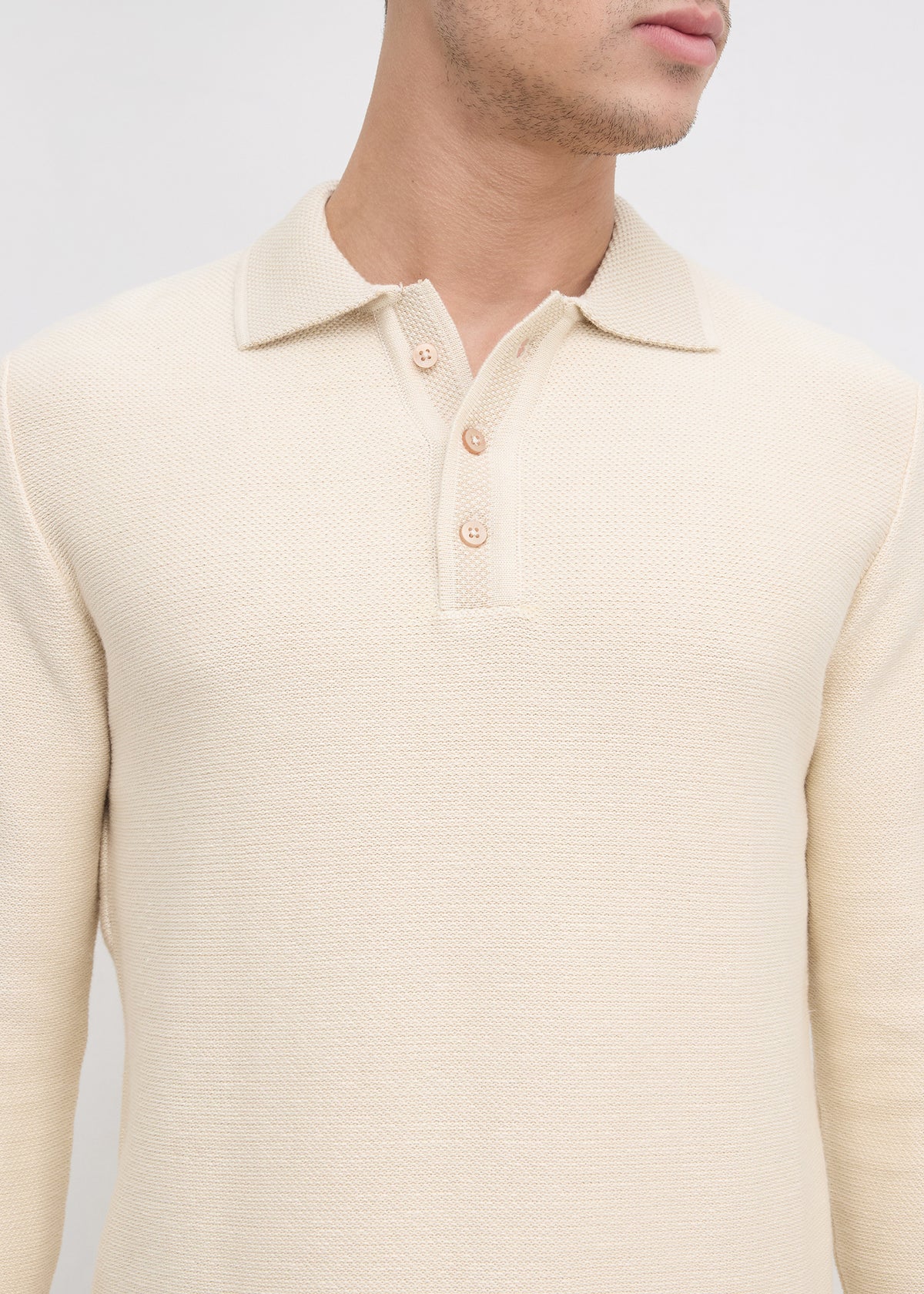 Outcome Textured Long-Sleeve Polo Sweater: Beige