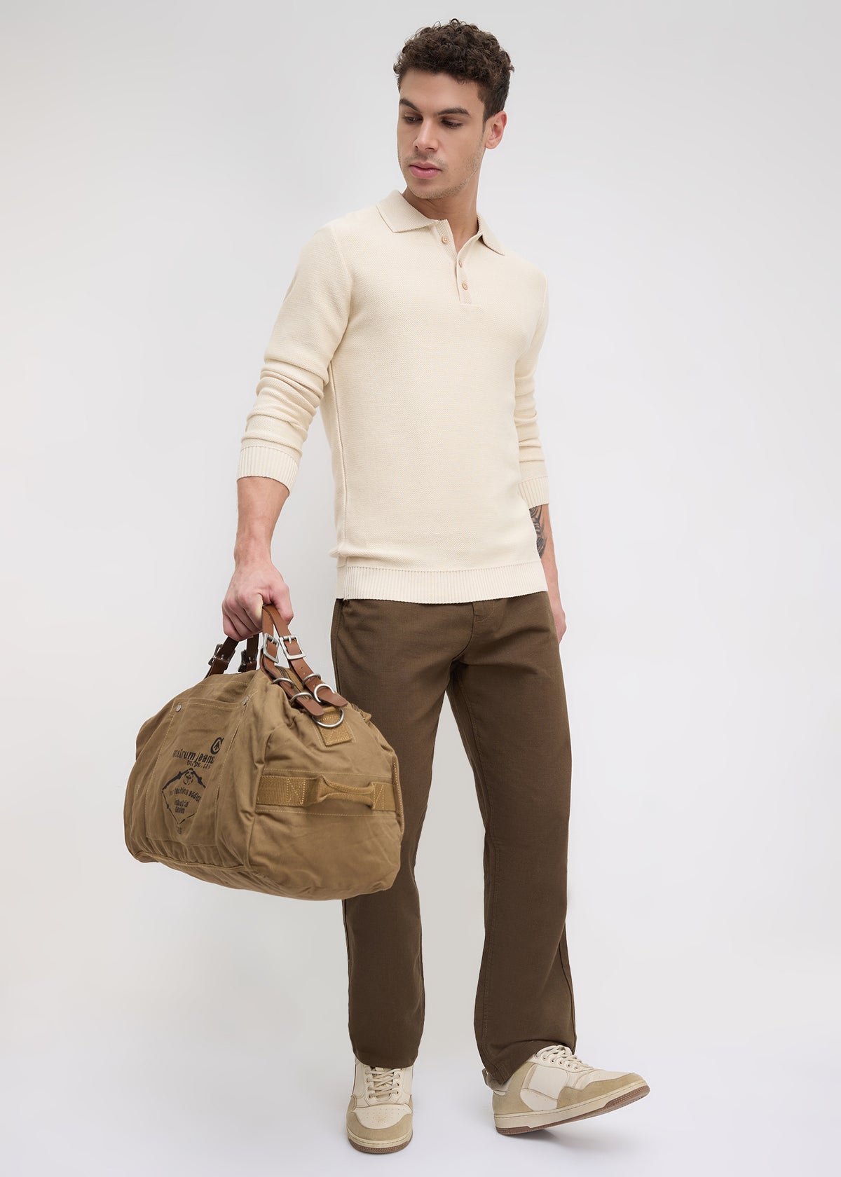 Outcome Textured Long-Sleeve Polo Sweater: Beige