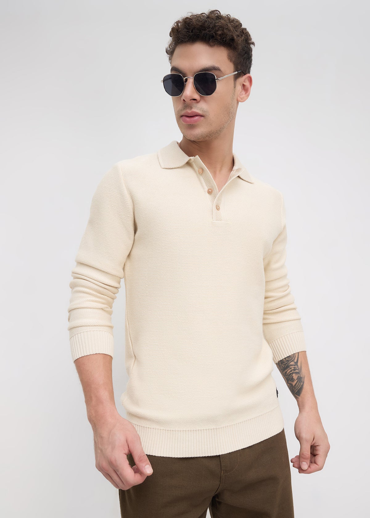 Outcome Textured Long-Sleeve Polo Sweater: Beige