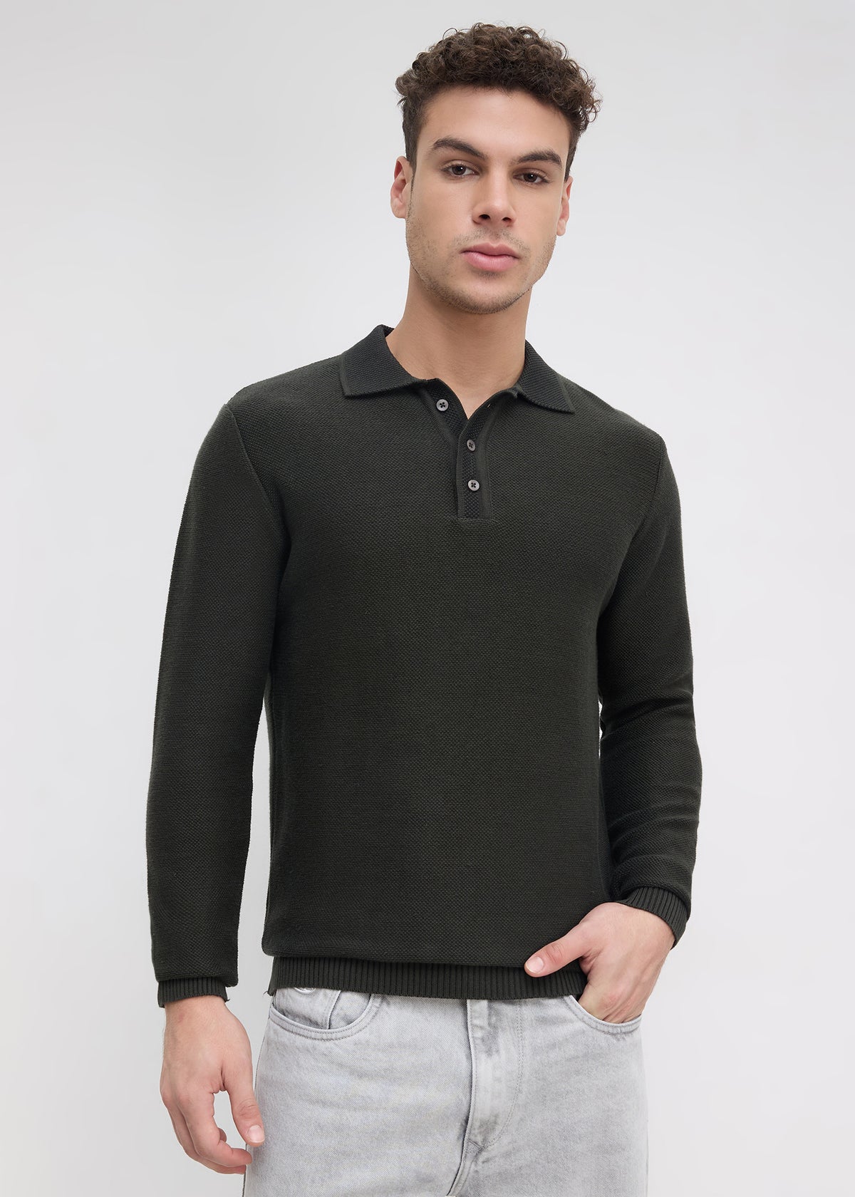 Outcome Textured Long-Sleeve Polo Sweater: Olive