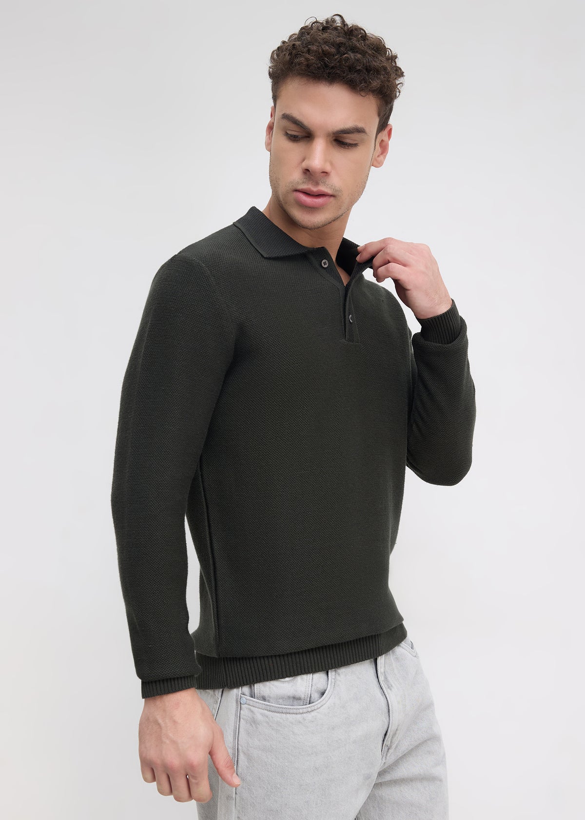 Outcome Textured Long-Sleeve Polo Sweater: Olive