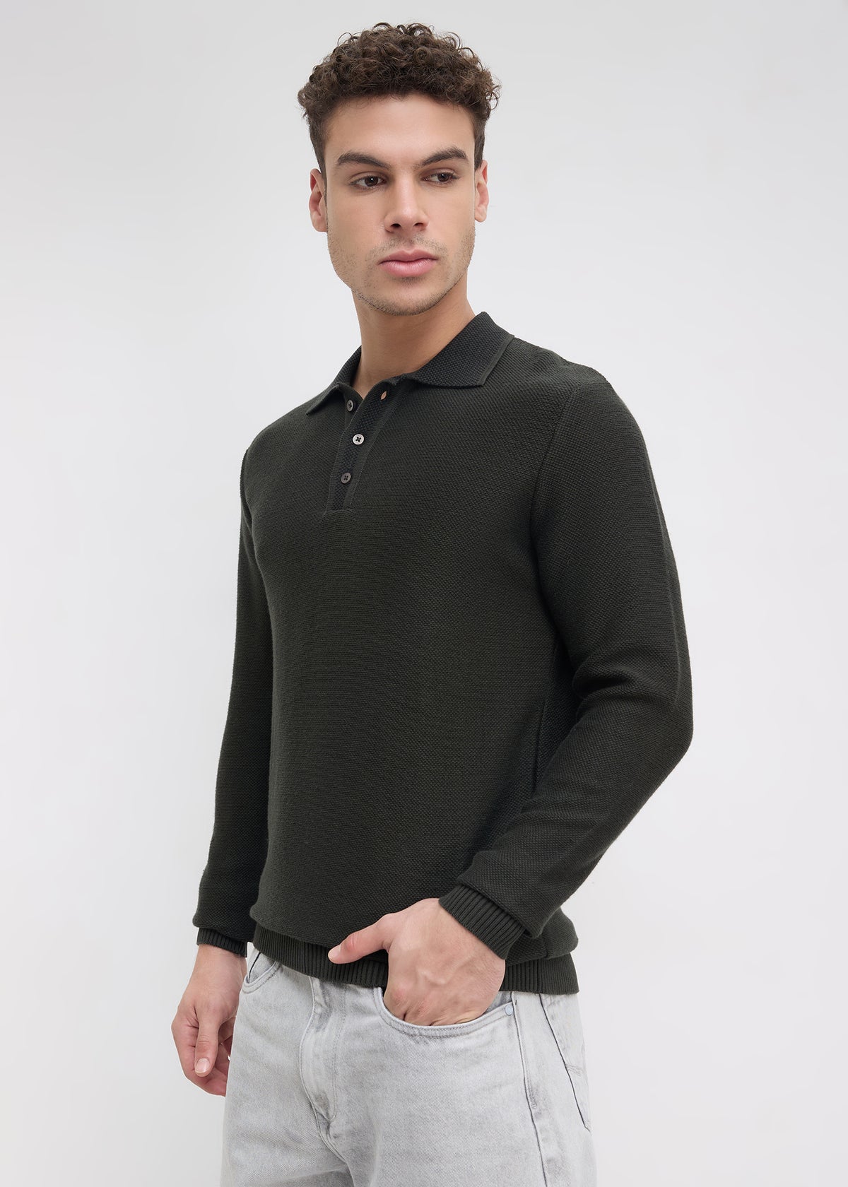 Outcome Textured Long-Sleeve Polo Sweater: Olive