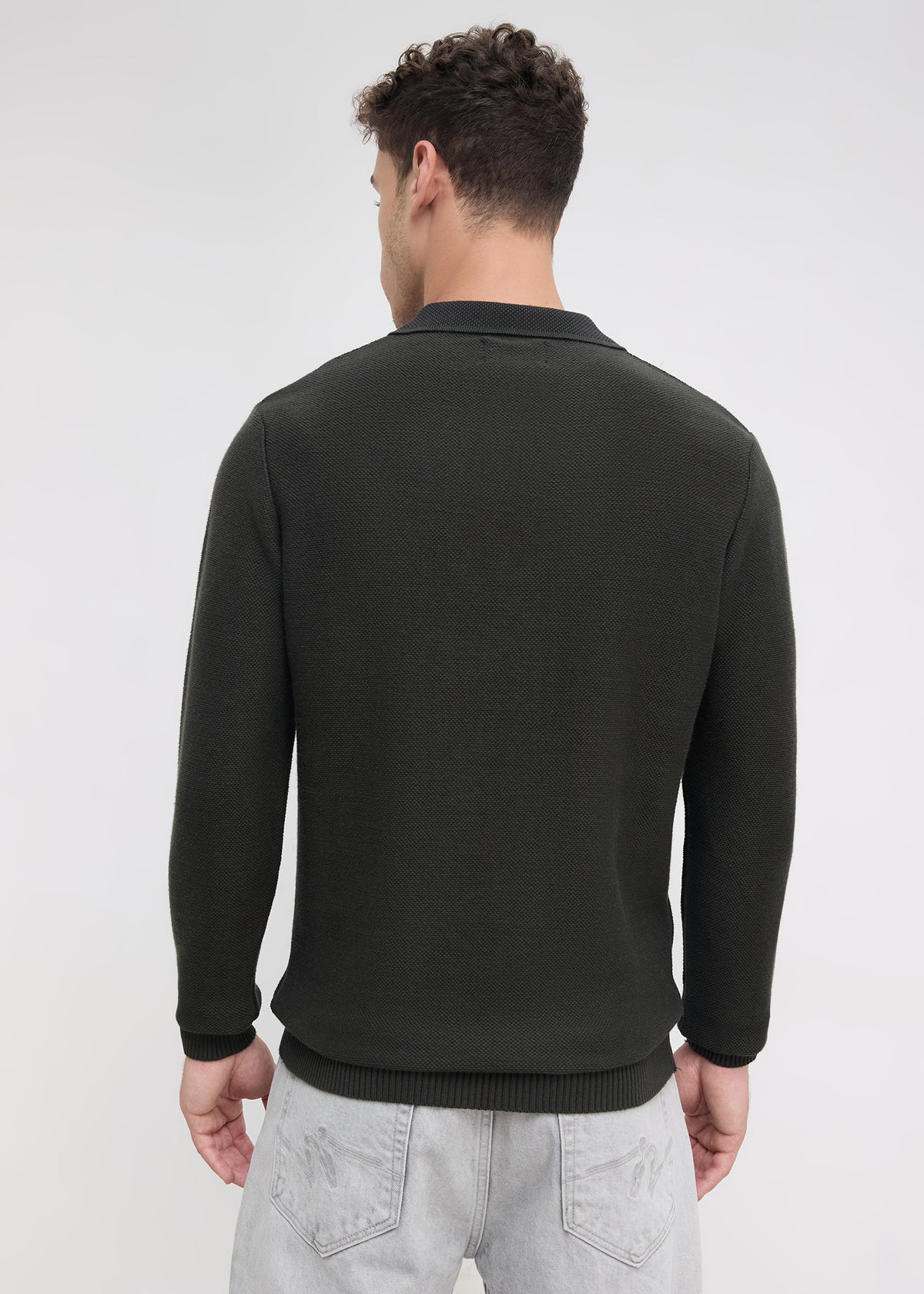 Outcome Textured Long-Sleeve Polo Sweater: Olive