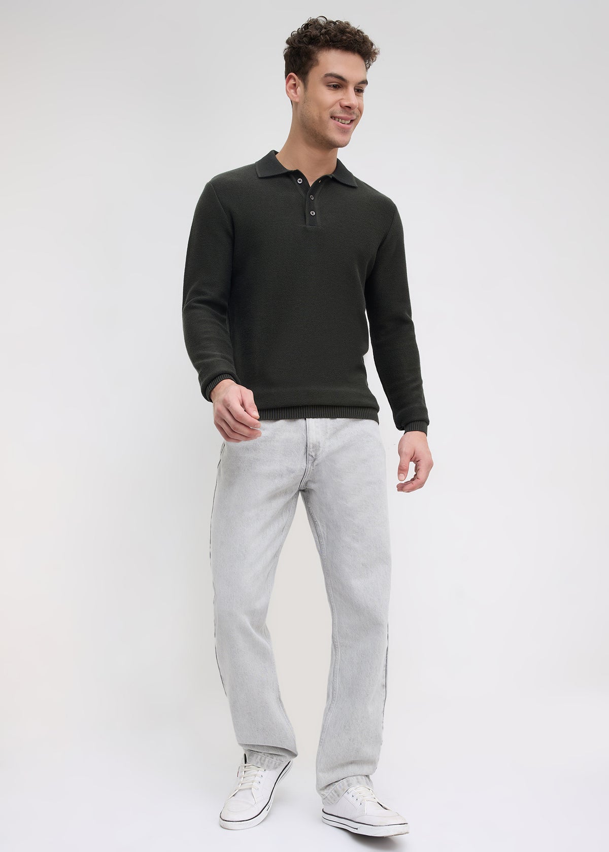 Outcome Textured Long-Sleeve Polo Sweater: Olive