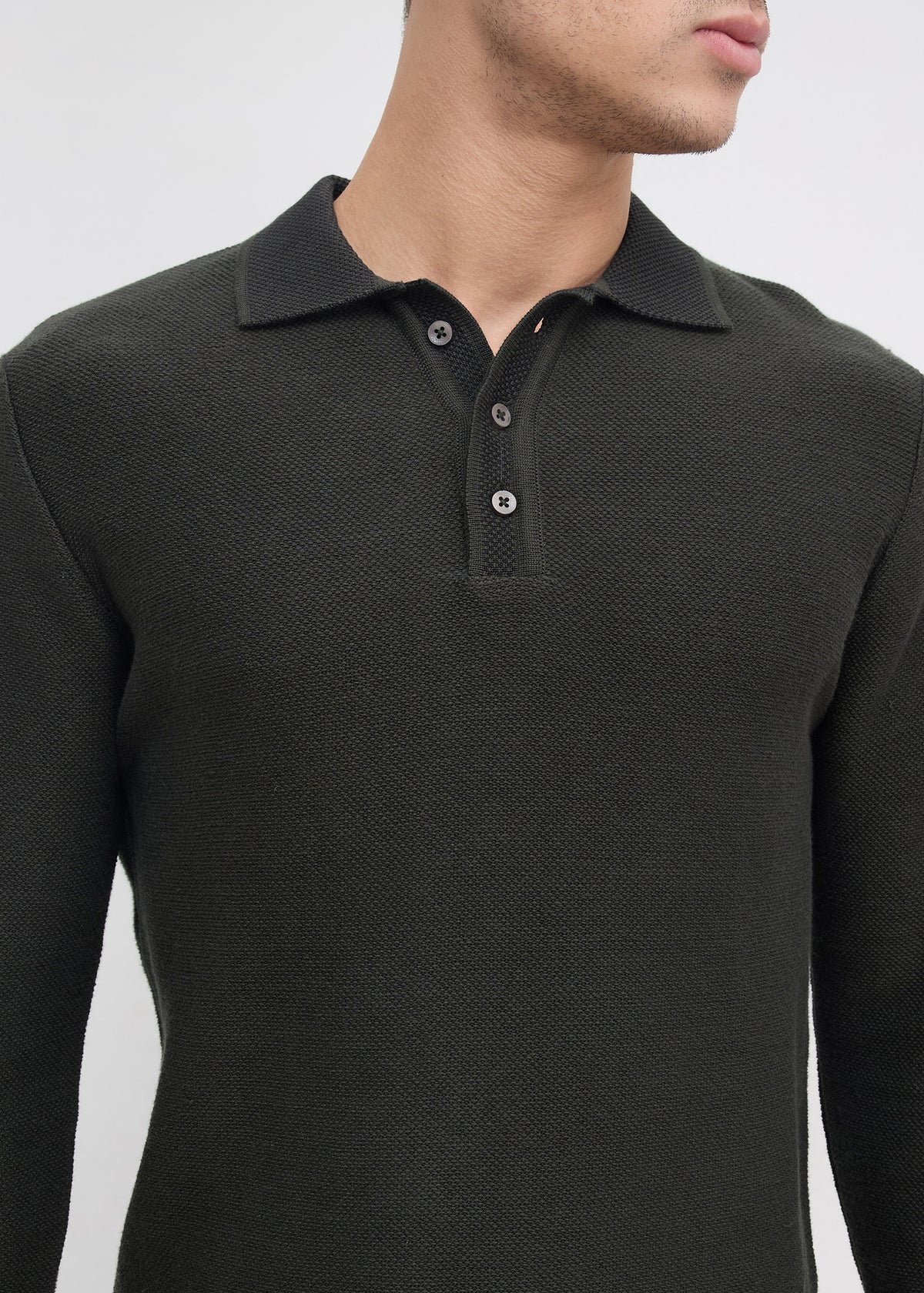 Outcome Textured Long-Sleeve Polo Sweater: Olive