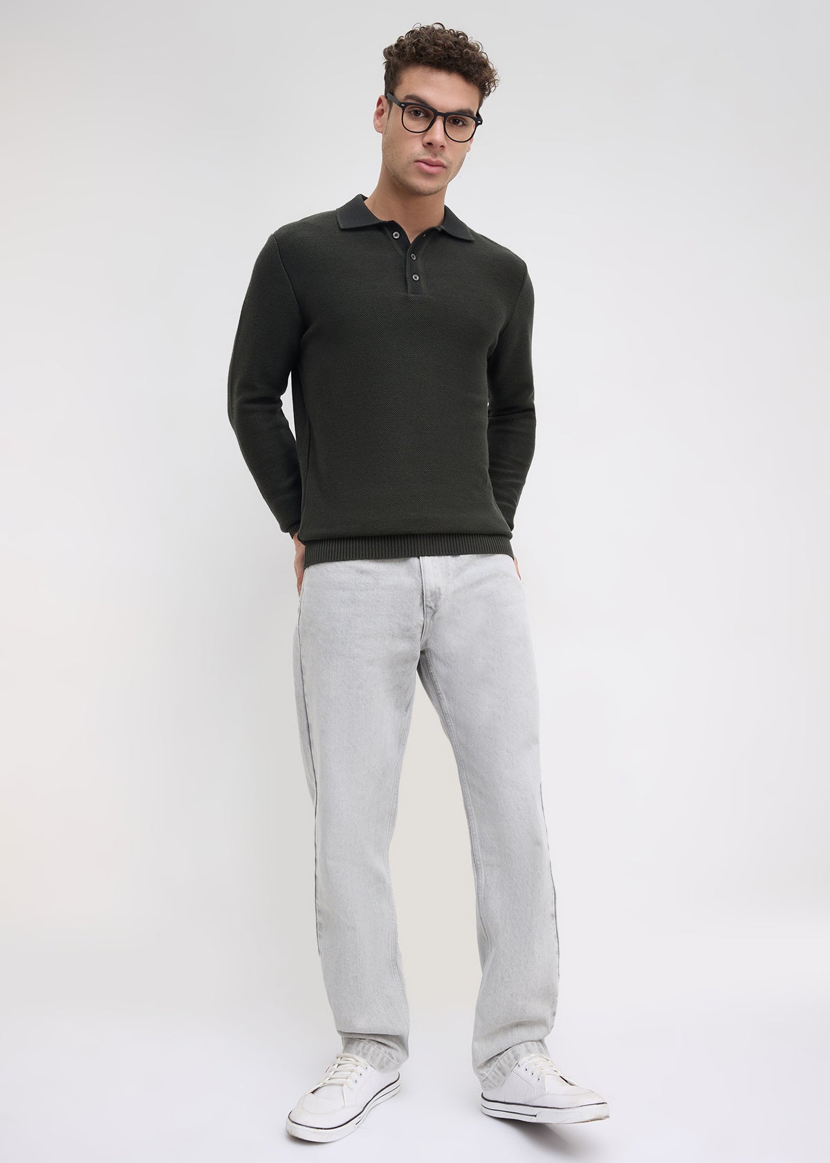 Outcome Textured Long-Sleeve Polo Sweater: Olive
