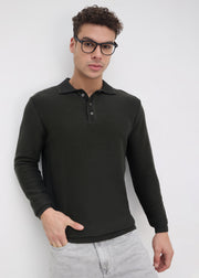 Outcome Textured Long-Sleeve Polo Sweater: Olive