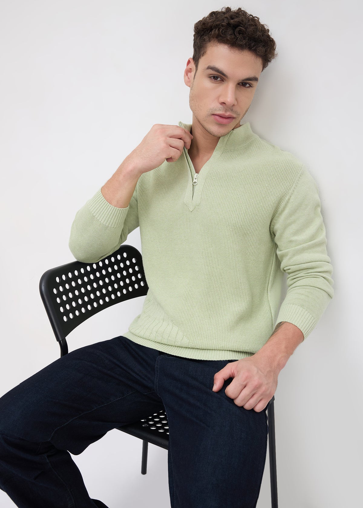 Tuksan Half-Zip Textured Knit Sweater: Mint