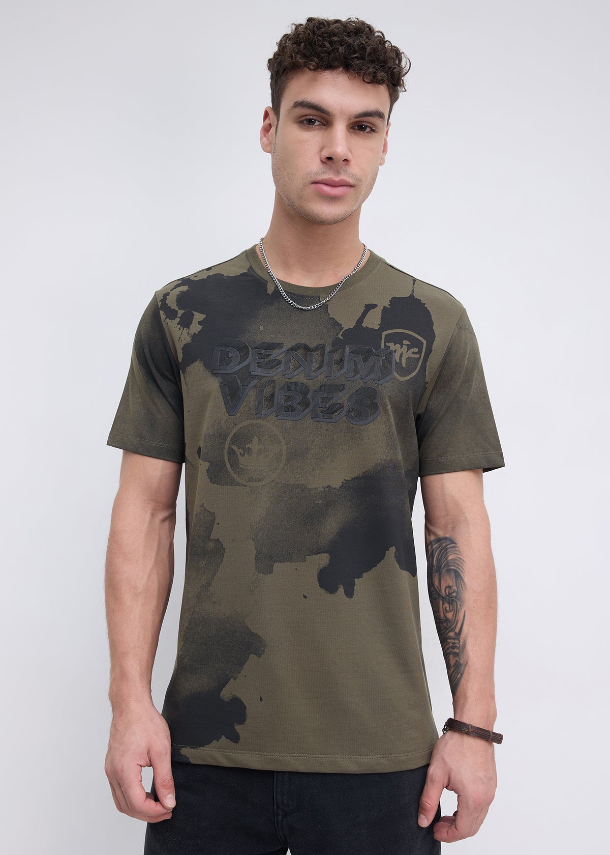 Orkut Abstract Print Round Neck Tshirt: Olive