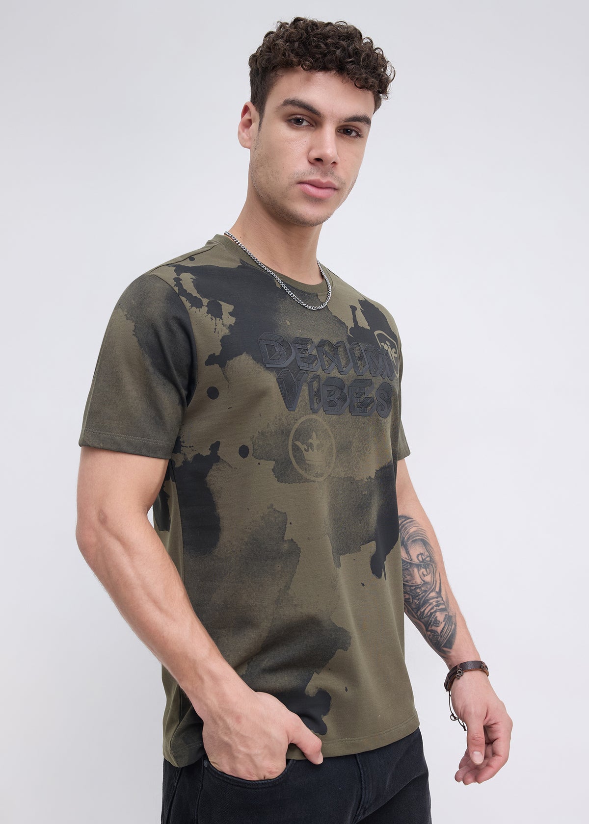 Orkut Abstract Print Round Neck Tshirt: Olive