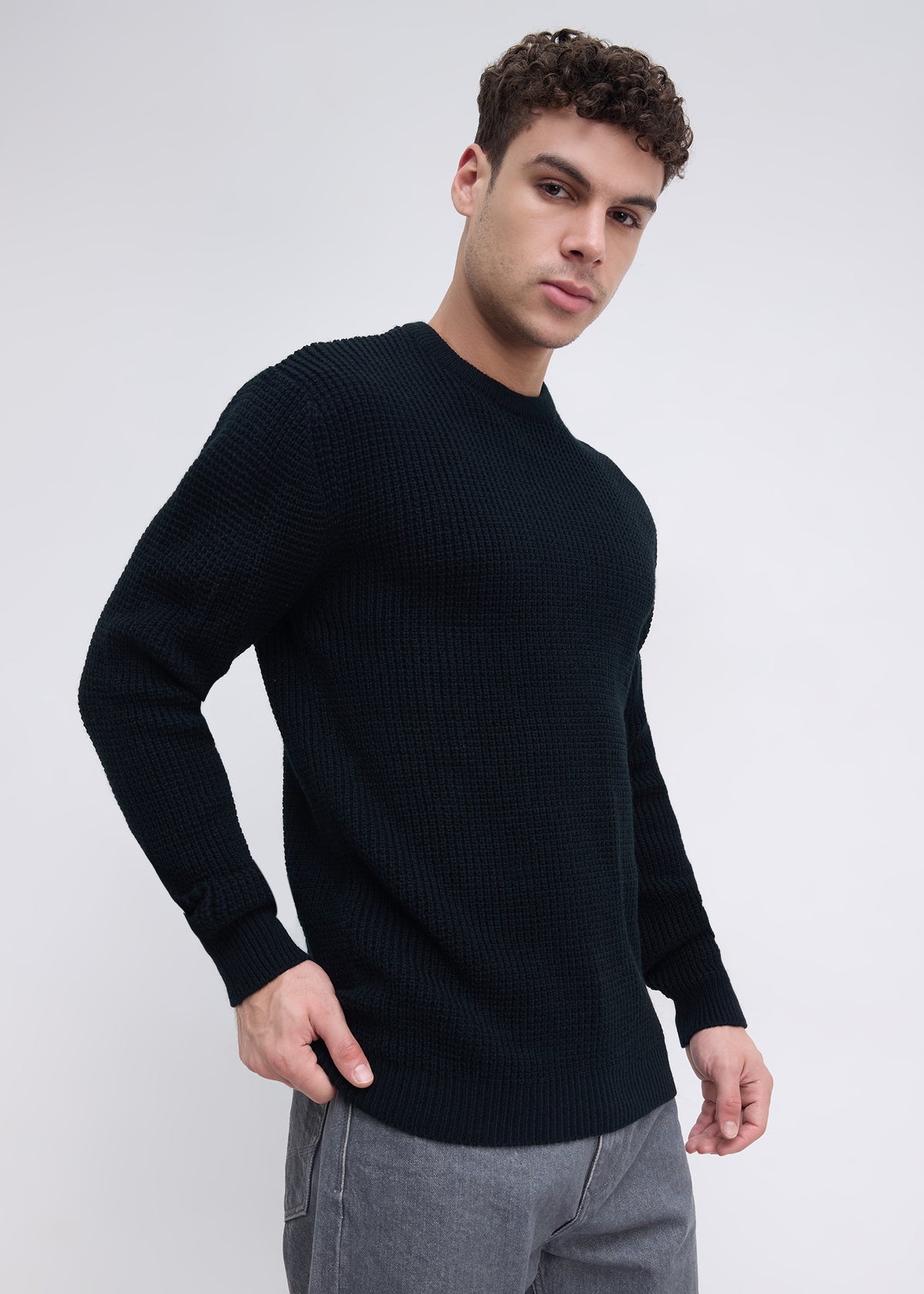 Platter Knitted Textured Sweater: Black