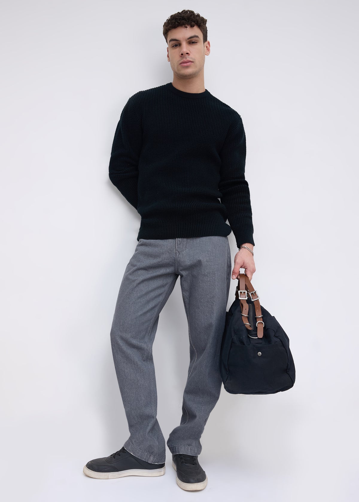 Platter Knitted Textured Sweater: Black