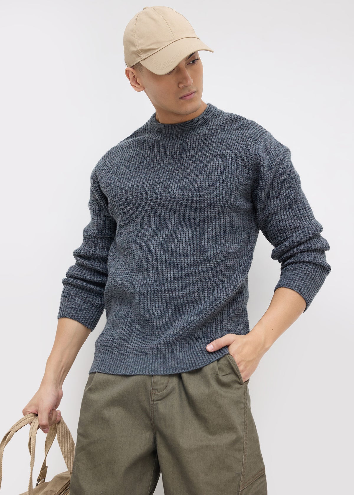 Platter Knitted Textured Sweater: Grey