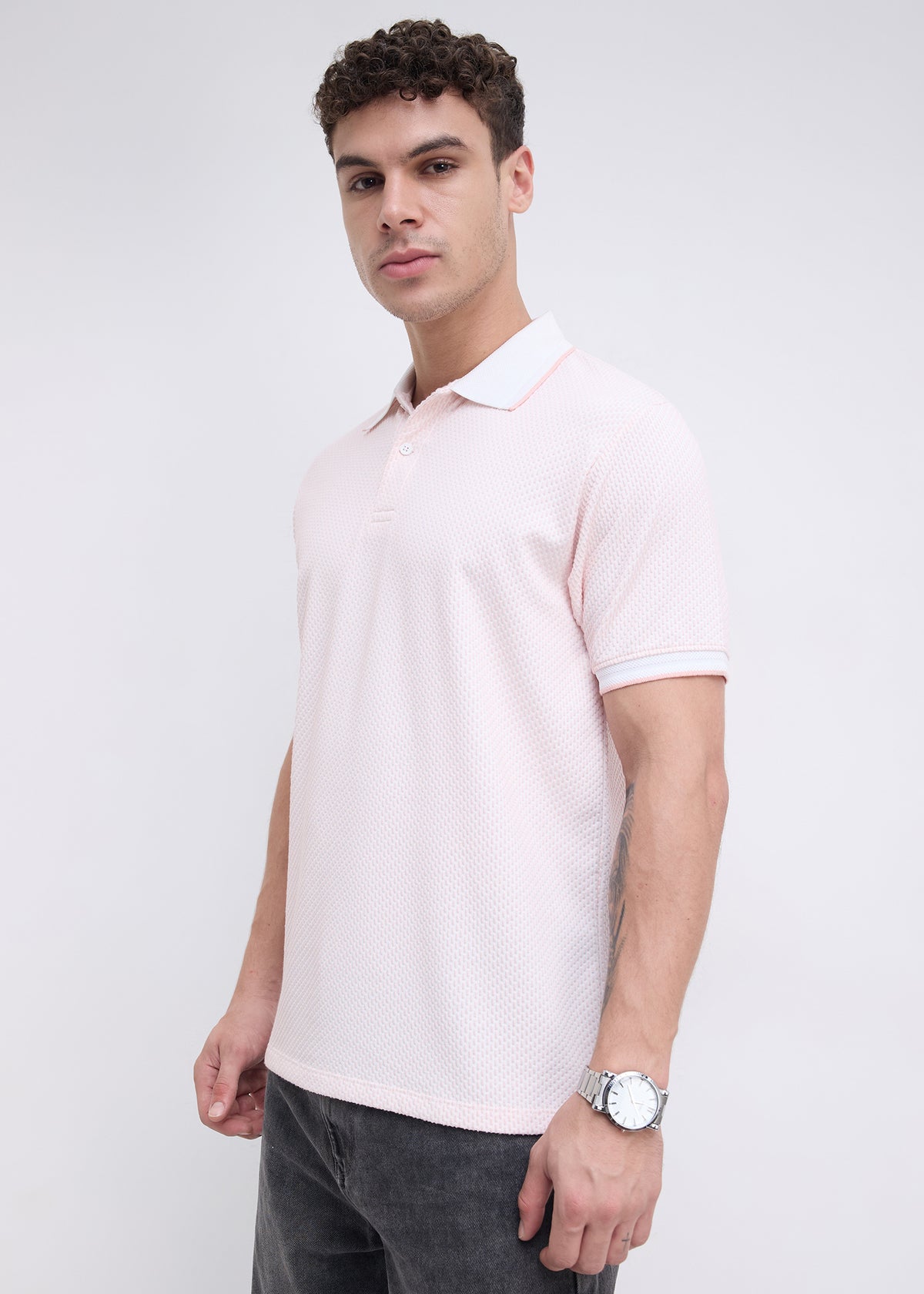 Tyrese Textured Tipped Polo: Pink