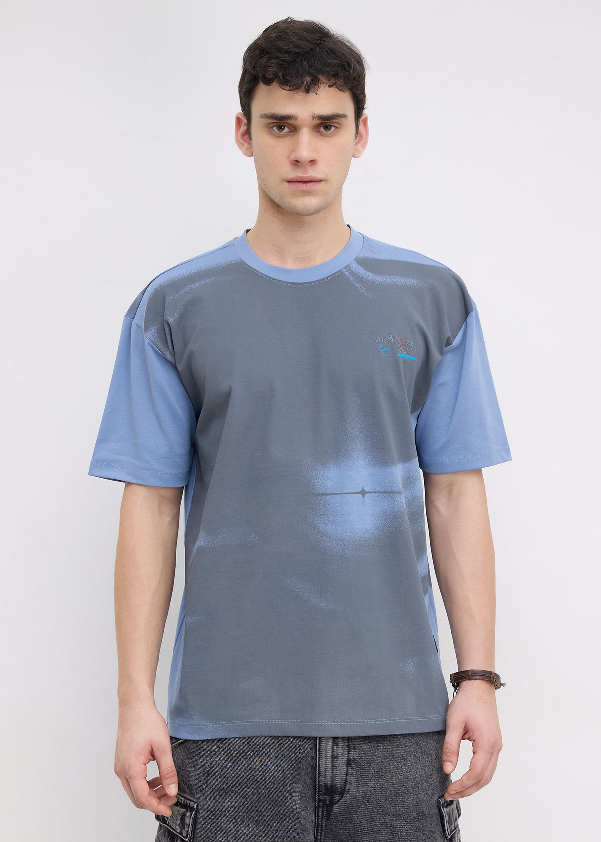 Tranal Colour-Block Graphic Oversized T-shirt: Blue