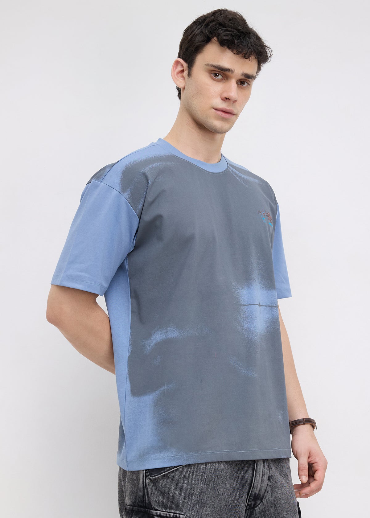 Tranal Colour-Block Graphic Oversized T-shirt: Blue