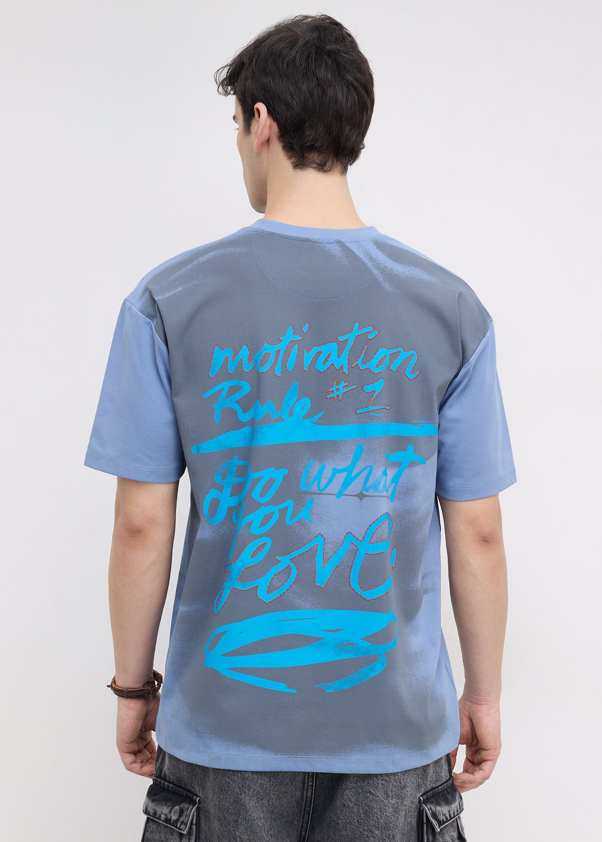 Tranal Colour-Block Graphic Oversized T-shirt: Blue