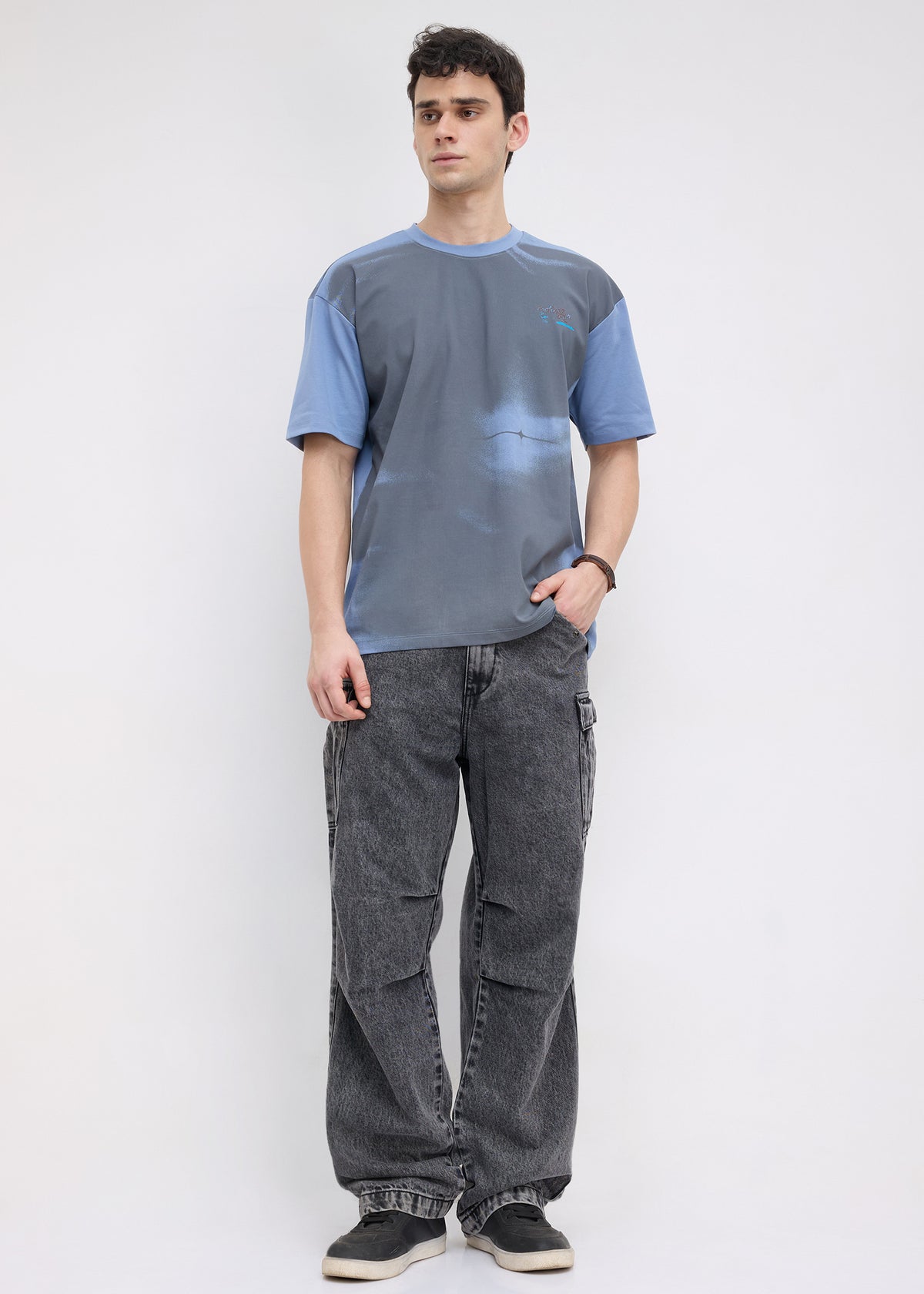 Tranal Colour-Block Graphic Oversized T-shirt: Blue