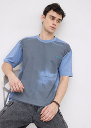Tranal Colour-Block Graphic Oversized T-shirt: Blue