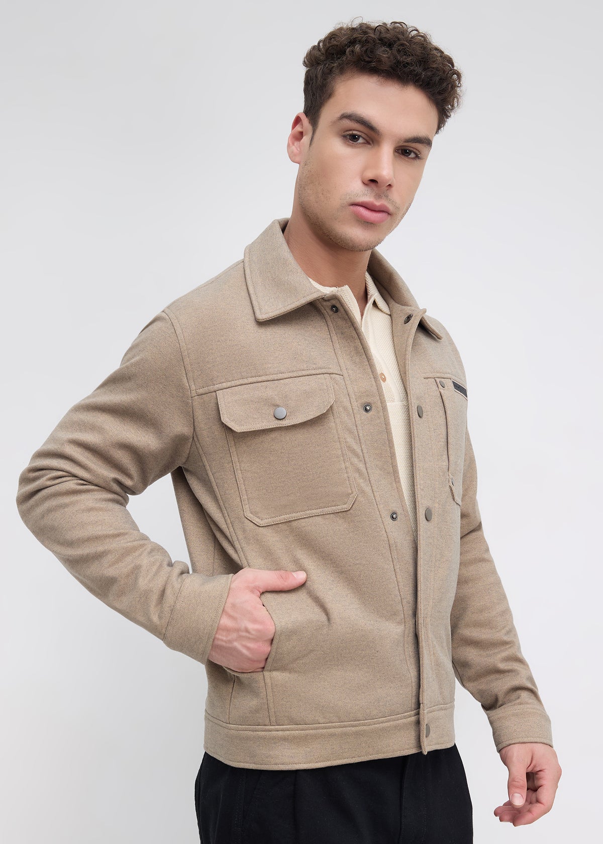 Semsale Snap-Button Utility Jacket: Khaki