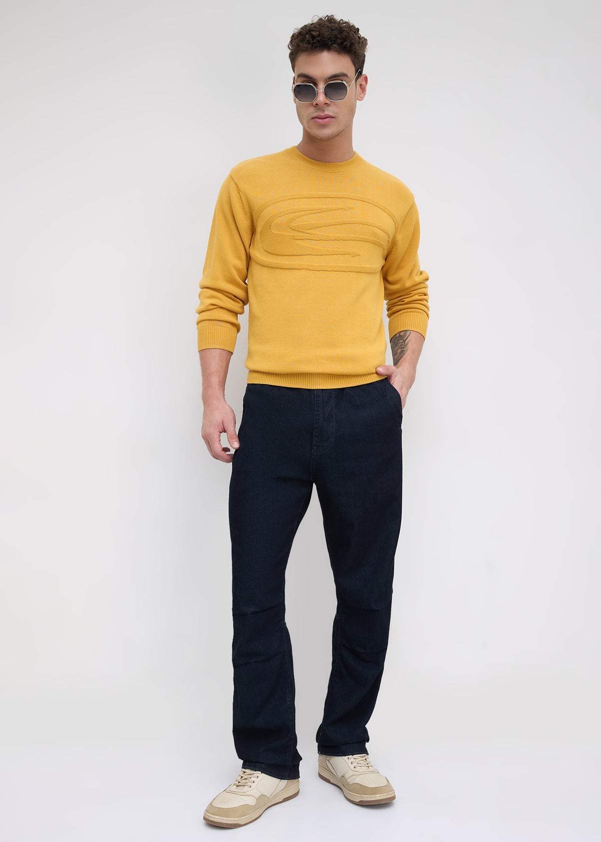 Stanway Tonal Logo Knit Sweater: Mustard