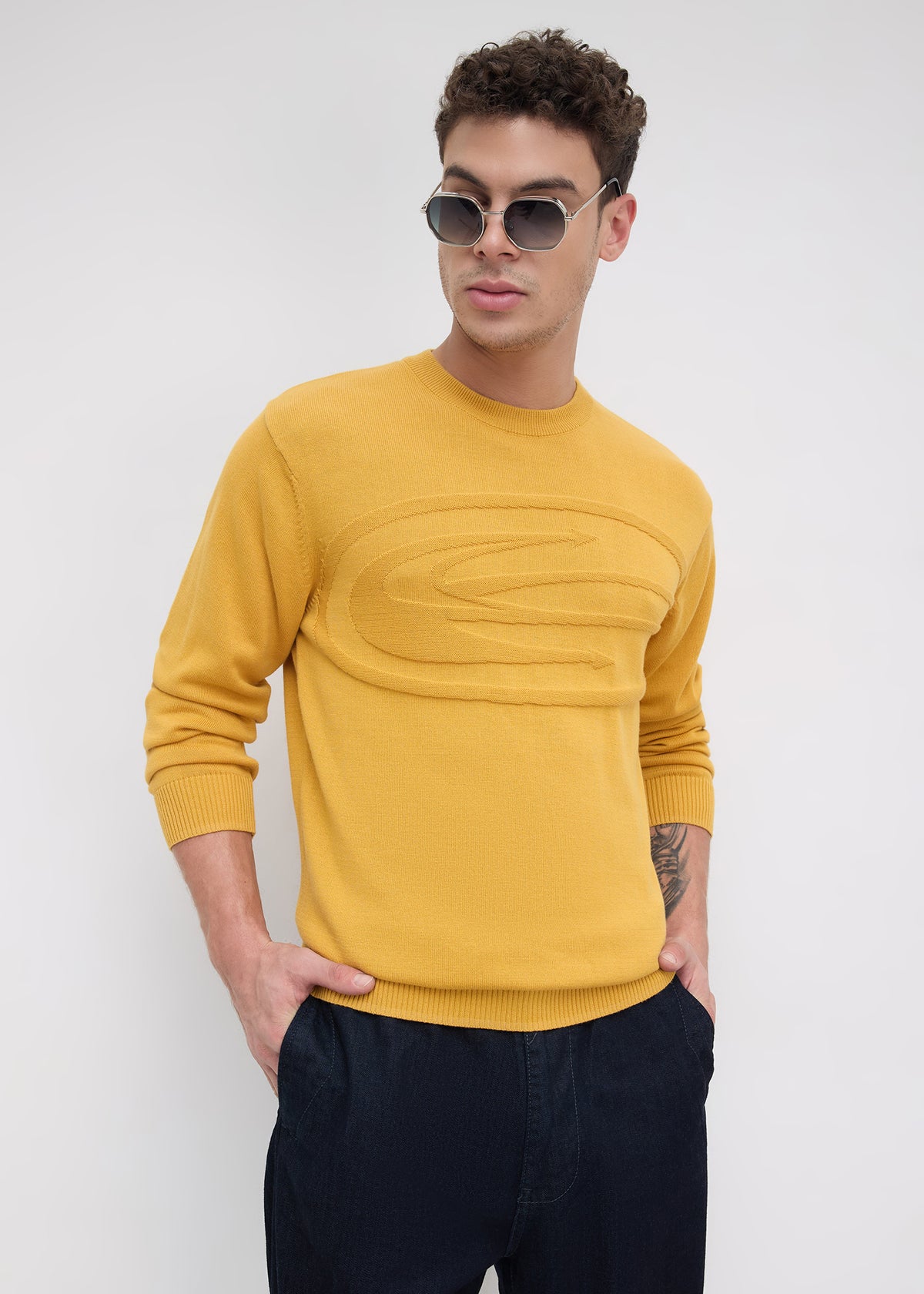 Stanway Tonal Logo Knit Sweater: Mustard