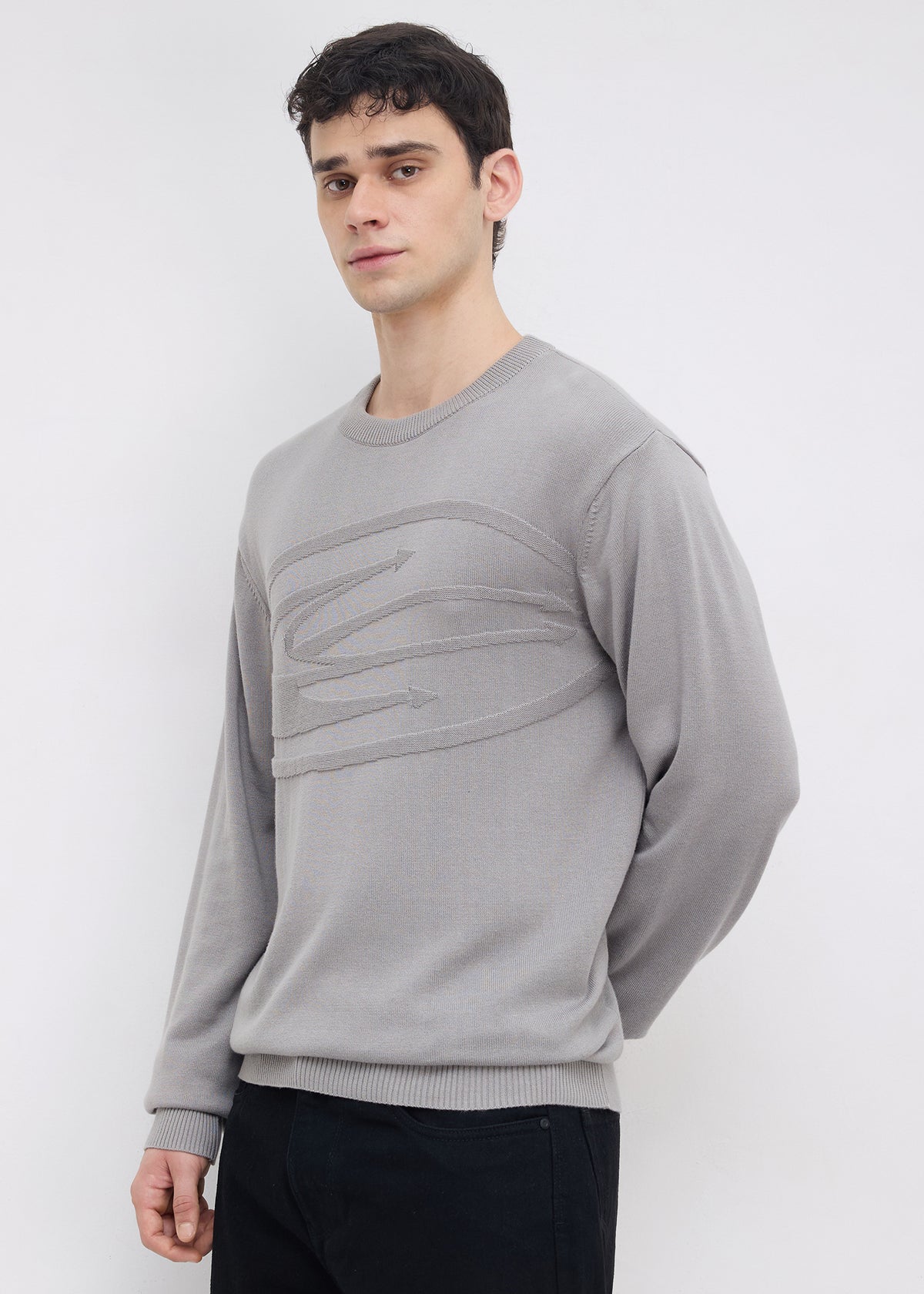Stanway Tonal Logo Knit Sweater: Light Grey