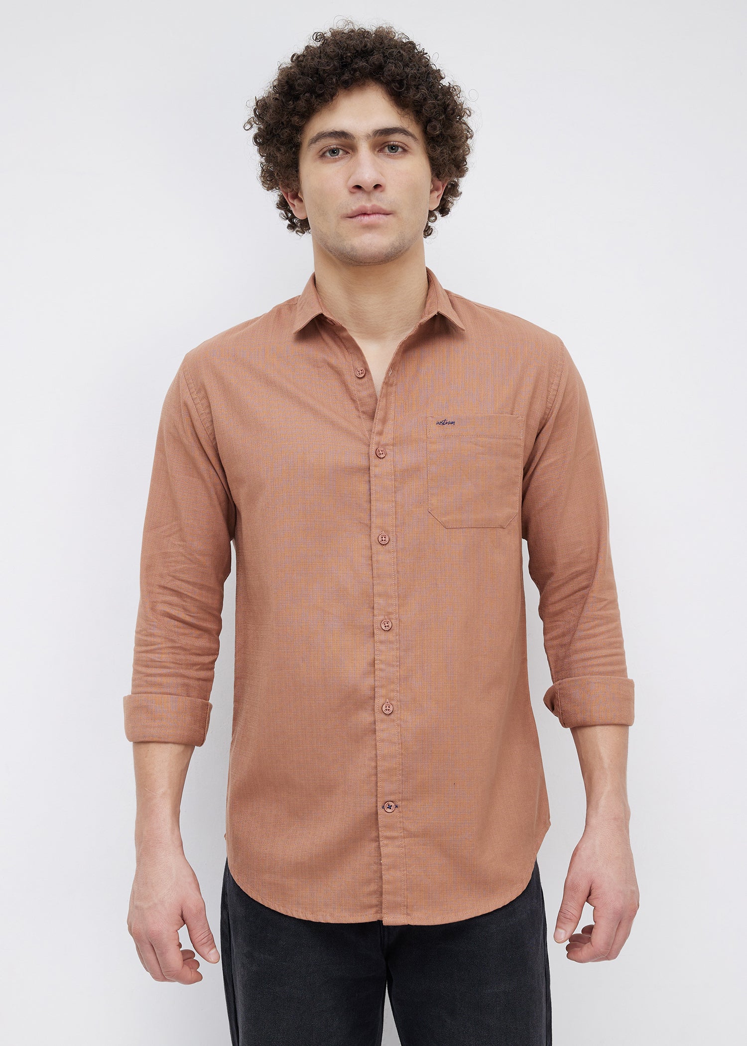 Contain Textured Pure Cotton Full Sleeve Shirt: Rust