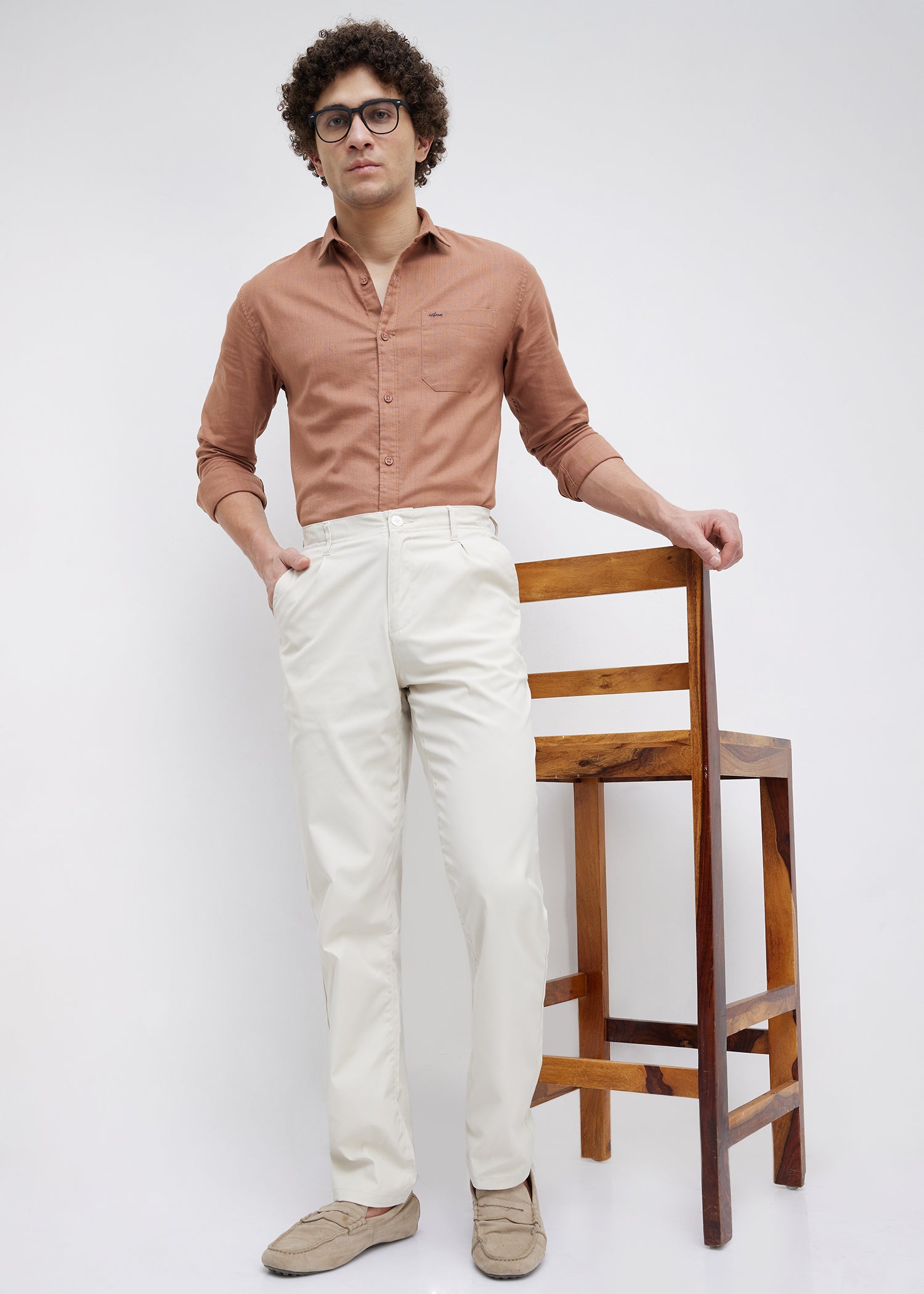 Contain Textured Pure Cotton Full Sleeve Shirt: Rust