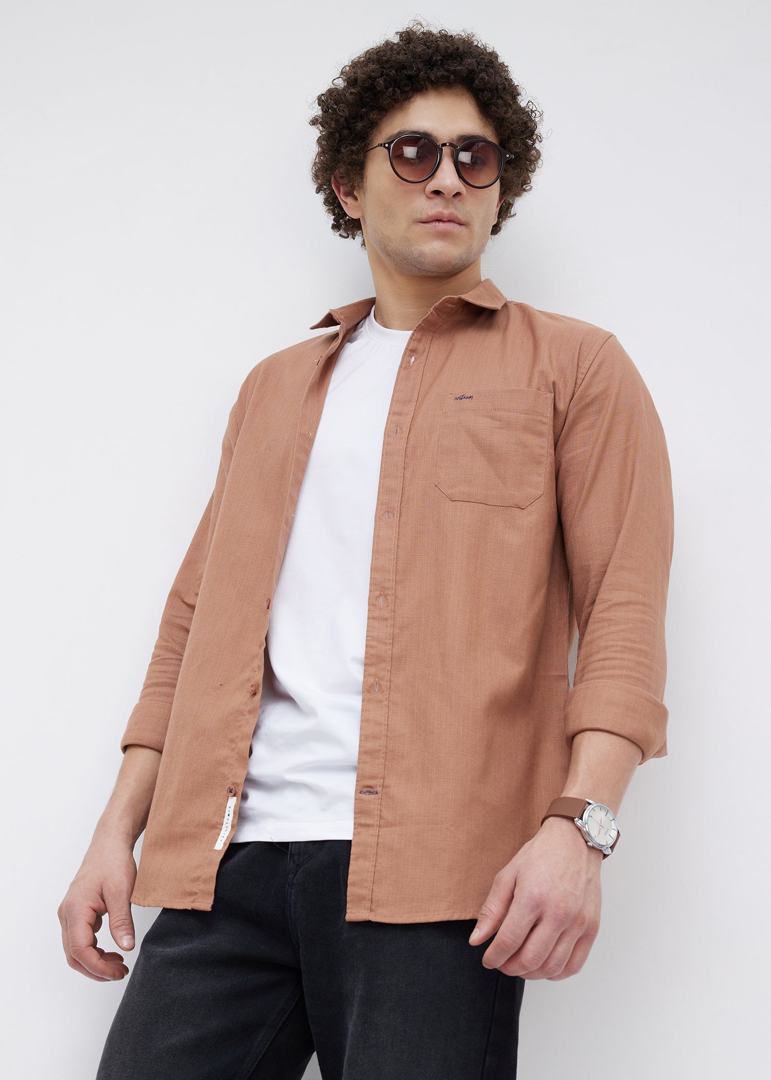 Contain Textured Pure Cotton Full Sleeve Shirt: Rust