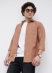 Contain Textured Pure Cotton Full Sleeve Shirt: Rust