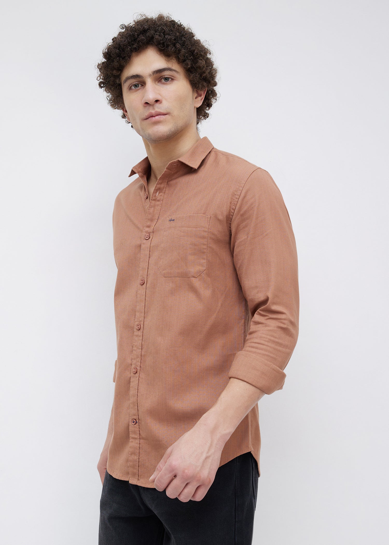 Contain Textured Pure Cotton Full Sleeve Shirt: Rust