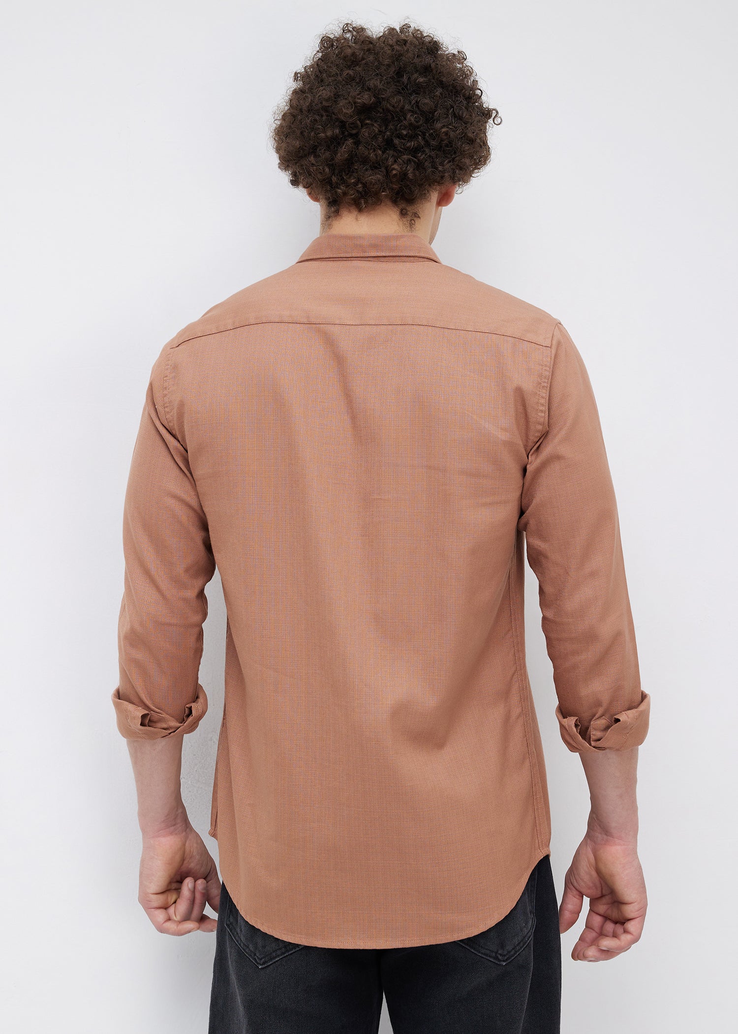 Contain Textured Pure Cotton Full Sleeve Shirt: Rust
