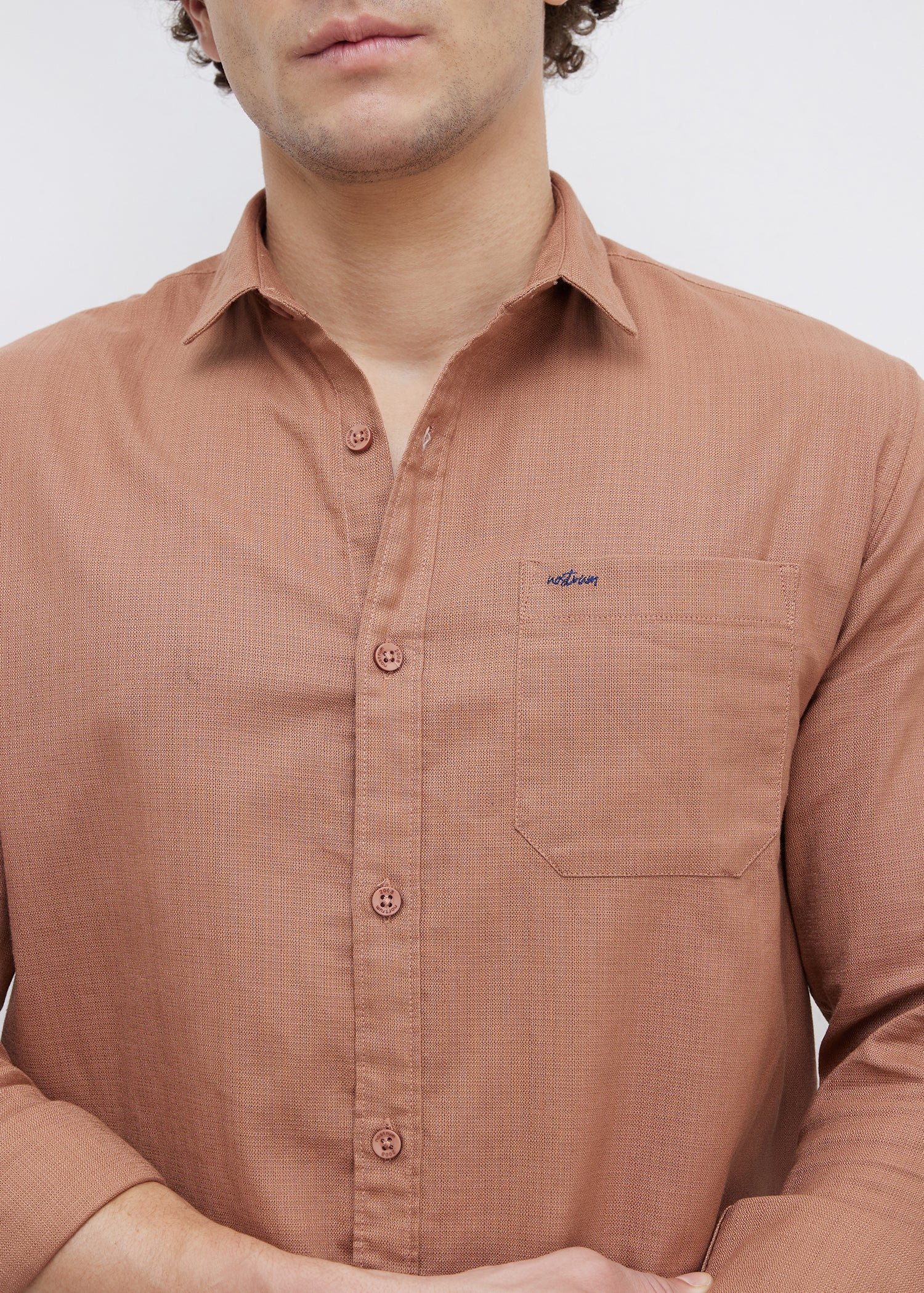 Contain Textured Pure Cotton Full Sleeve Shirt: Rust