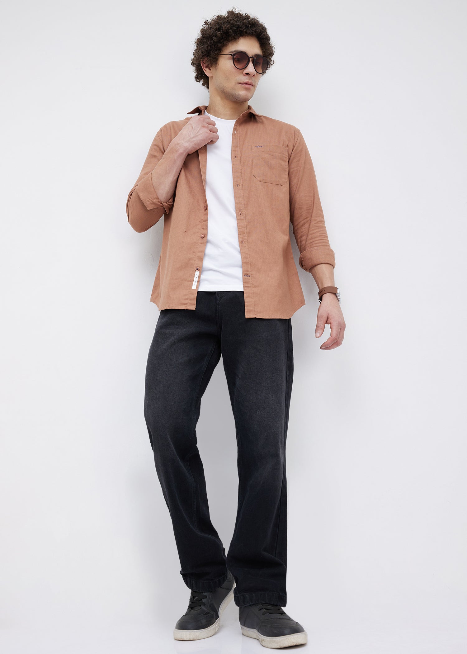 Contain Textured Pure Cotton Full Sleeve Shirt: Rust
