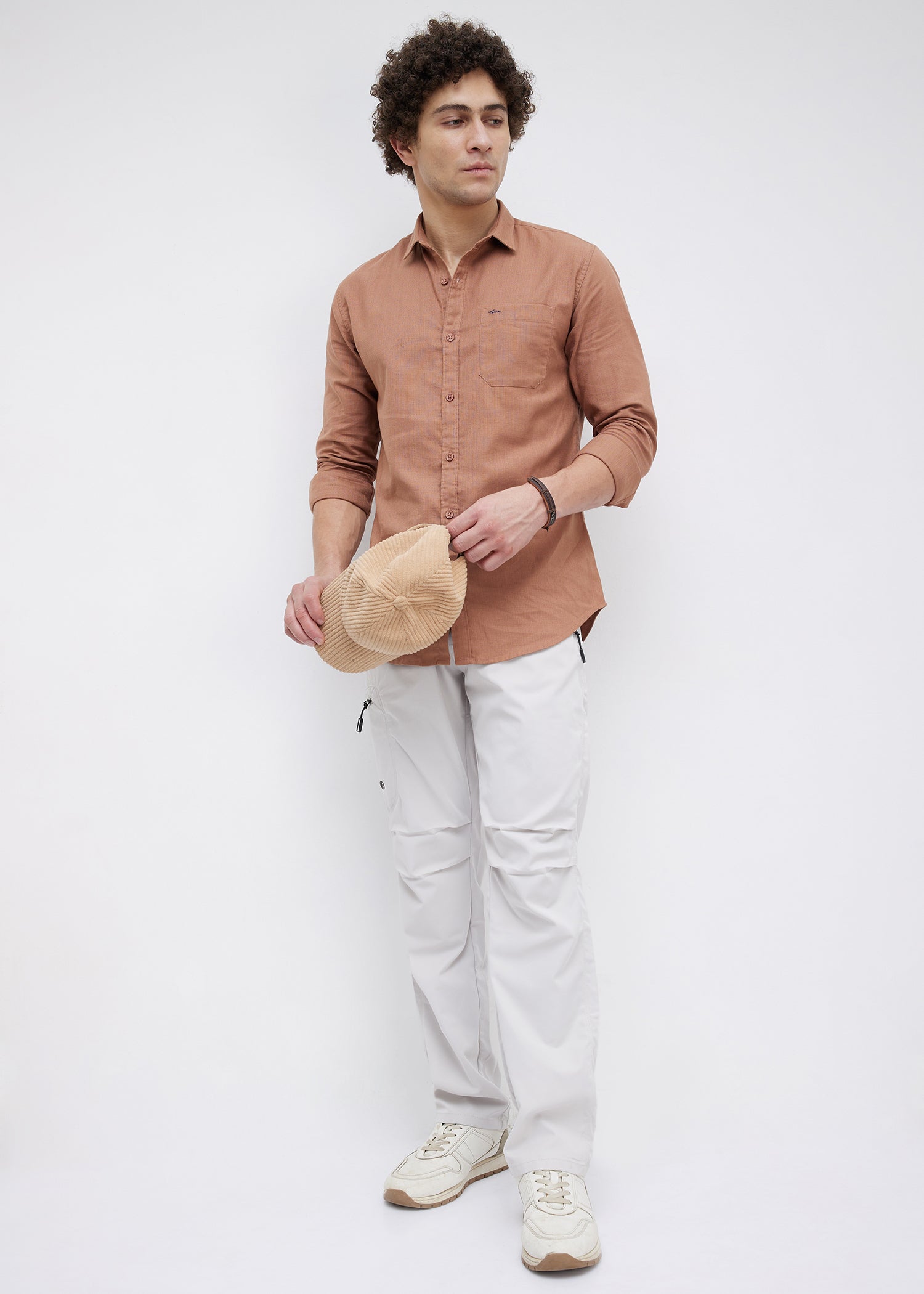 Contain Textured Pure Cotton Full Sleeve Shirt: Rust