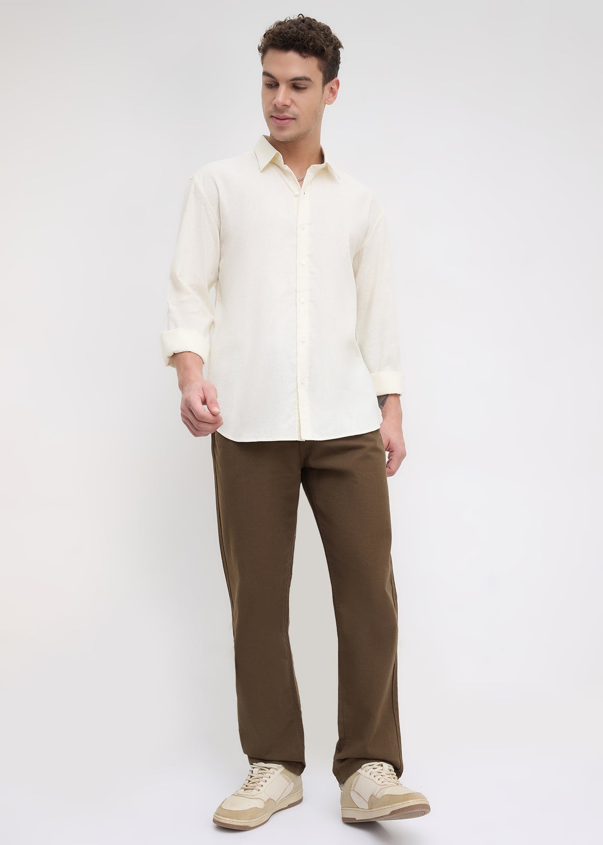 Scintila Solid Full Sleeve Shirt: Cream