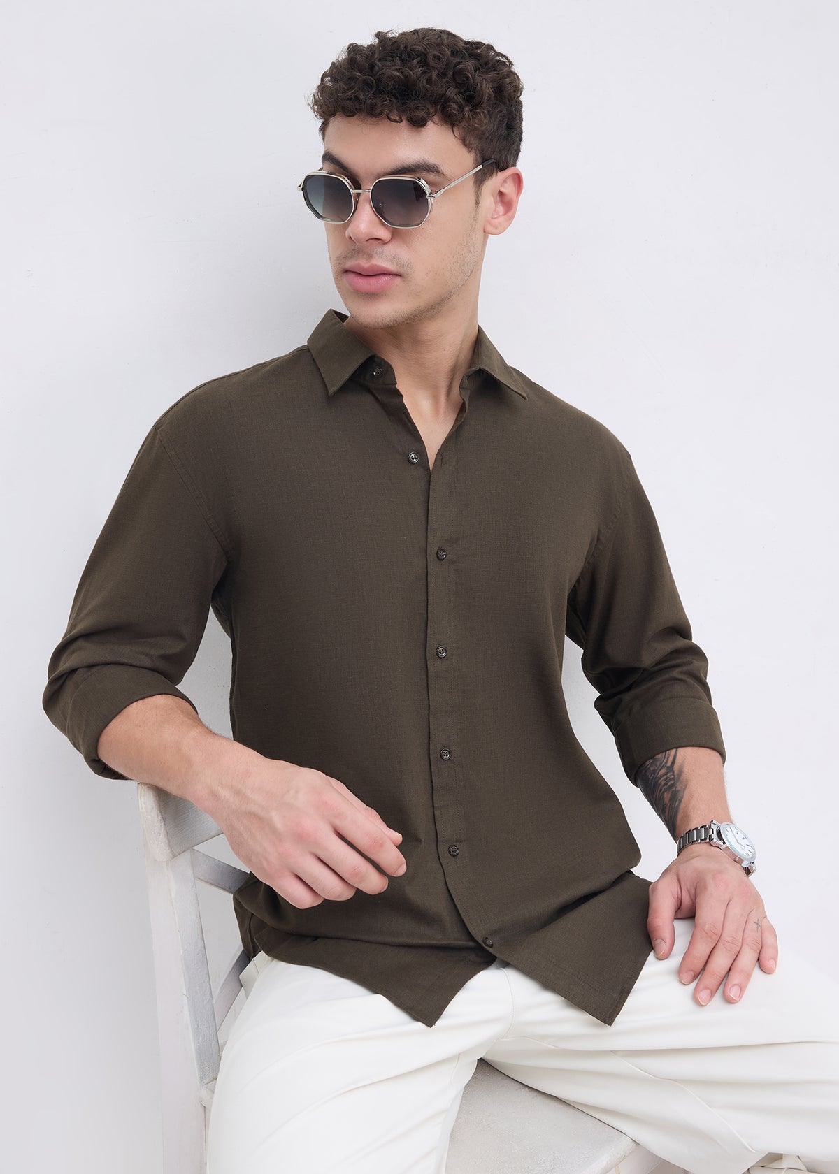 Scintila Solid Full Sleeve Shirt: Olive