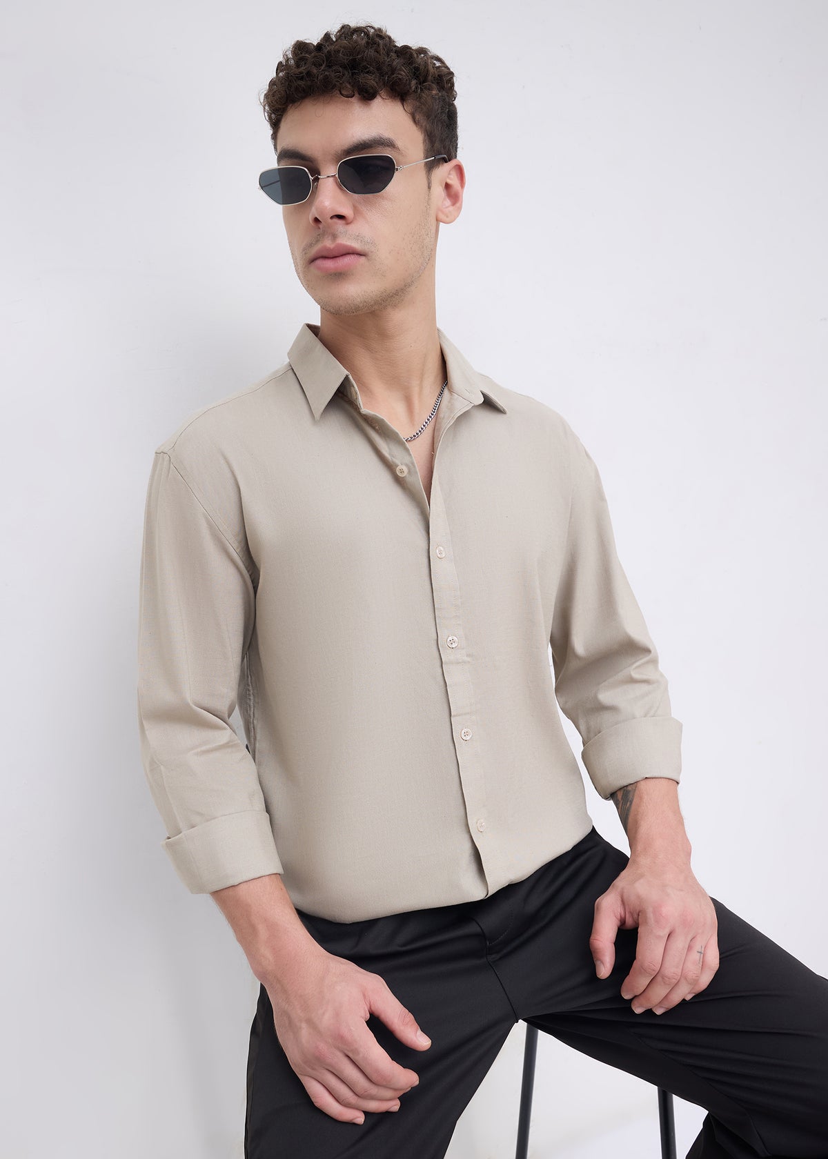 Scintila Solid Full Sleeve Shirt: Light Brown