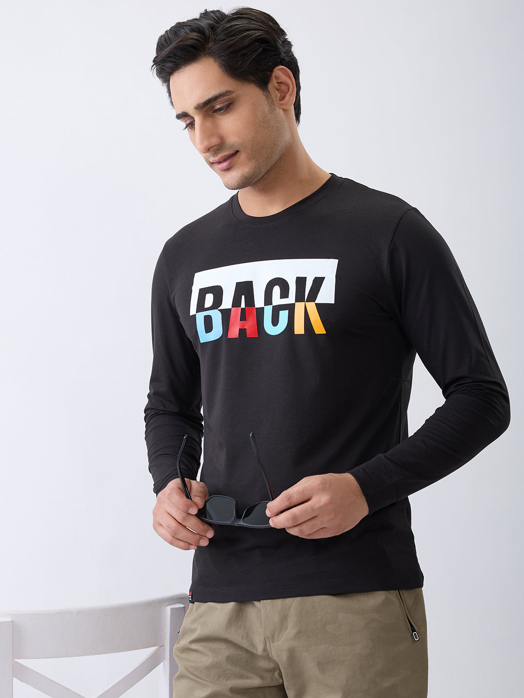 Back 1 Printed Full Sleeve T-Shirt: Black