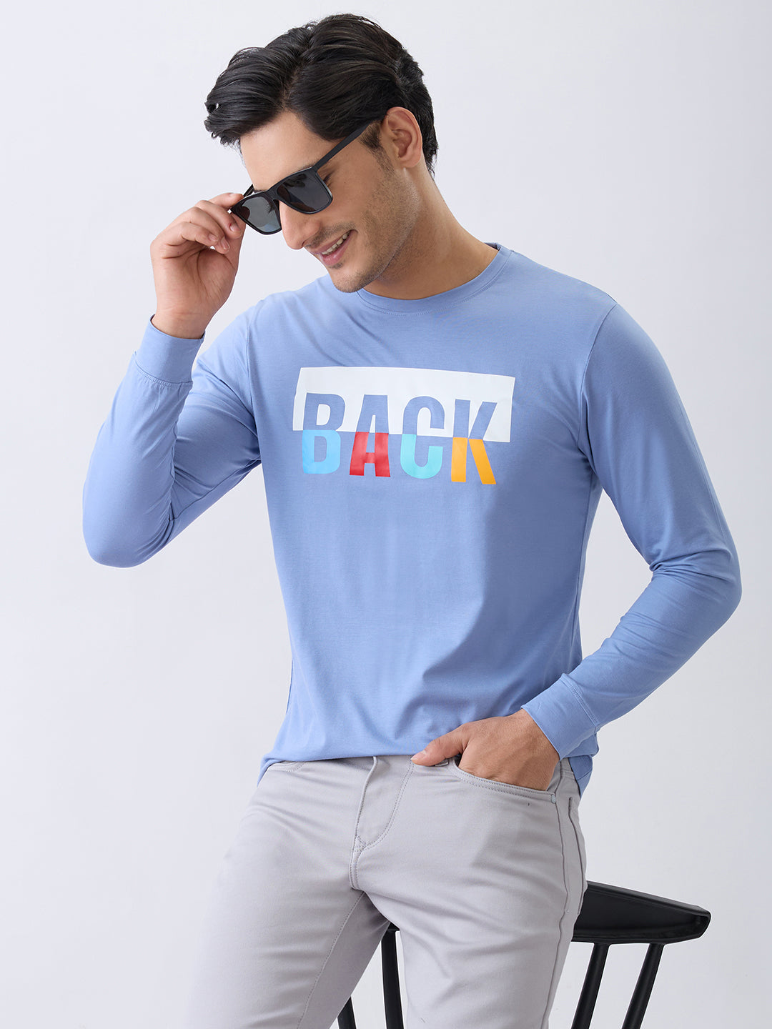 Back 1 Printed Full Sleeve T-Shirt: Blue